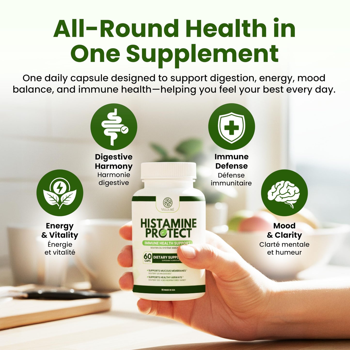 Velluré DAO Enzyme Supplement Histamine Blocker, Diamine Oxidase 30,000 HDU, with Quercetin, Magnesium & Vitamin C, 60 Capsules