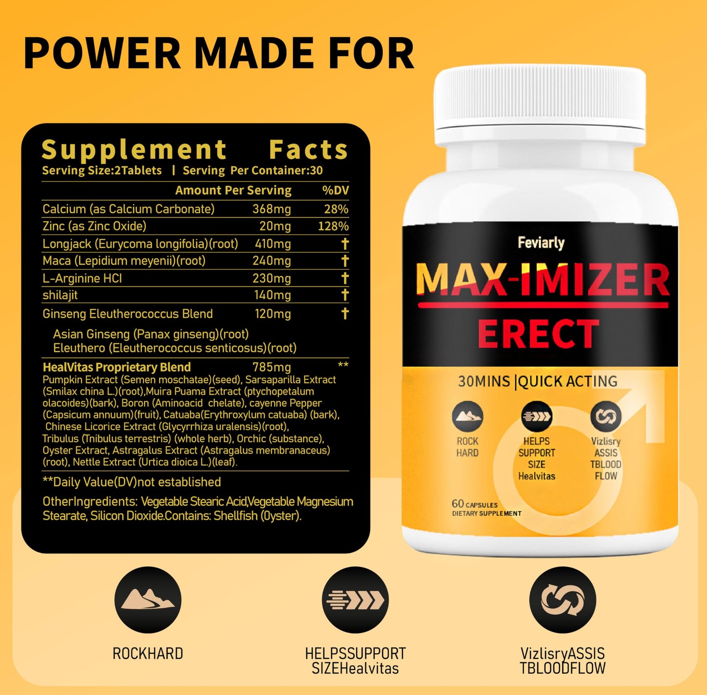 Feviarly Fast Acting Supplement for Men+Drive, Erect Maximizer Supplement, Max Size 60 Capsules