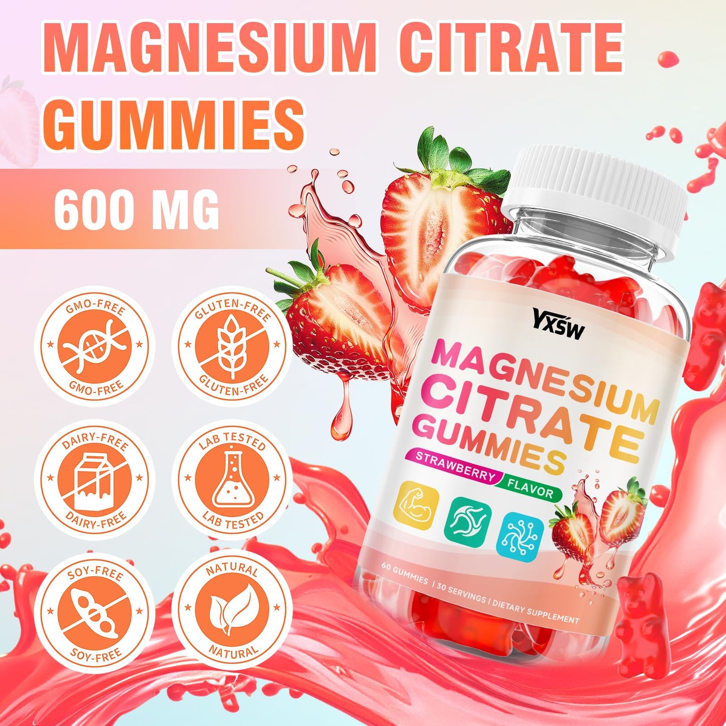 YXSW Magnesium Citrate Gummies 600mg, 60 Count