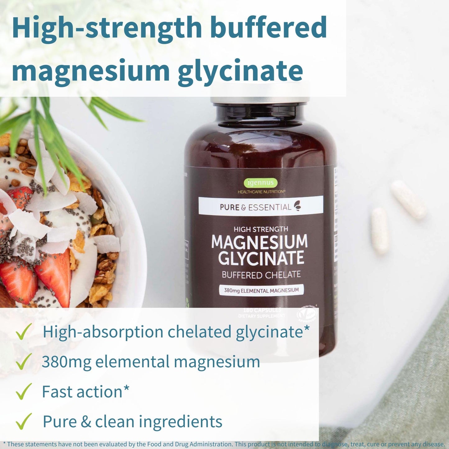 Igennus Highest Strength Chelated Magnesium Glycinate 1300mg, 380mg Elemental, Pure & Clean Buffered Magnesium Bisglycinate, Vegan, 180 Capsules