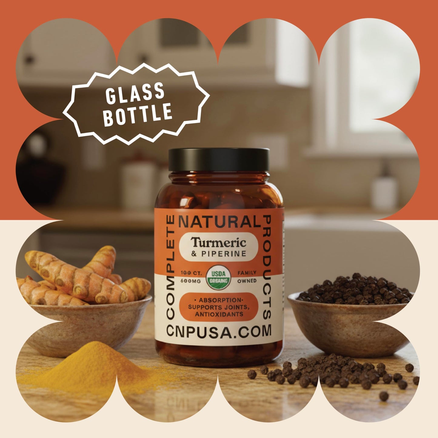 Complete Natural Products Organic Turmeric with Piperine 600mg Capsules, 100 Count