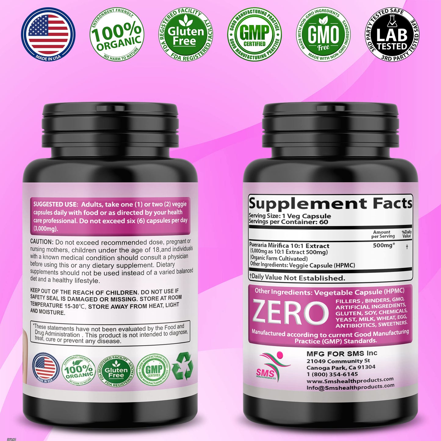 SMSHEALTHPRODUCTS.com Pueraria Mirifica (Kwao Krua Kao) Supplement Capsules 60 Count