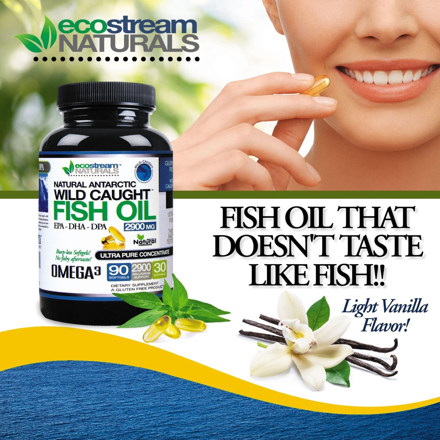 ecostream Naturals Wild Caught Omega 3 Fish Oil DPA-EPA-DHA Supplement 2,900 Milligrams Softgels 180