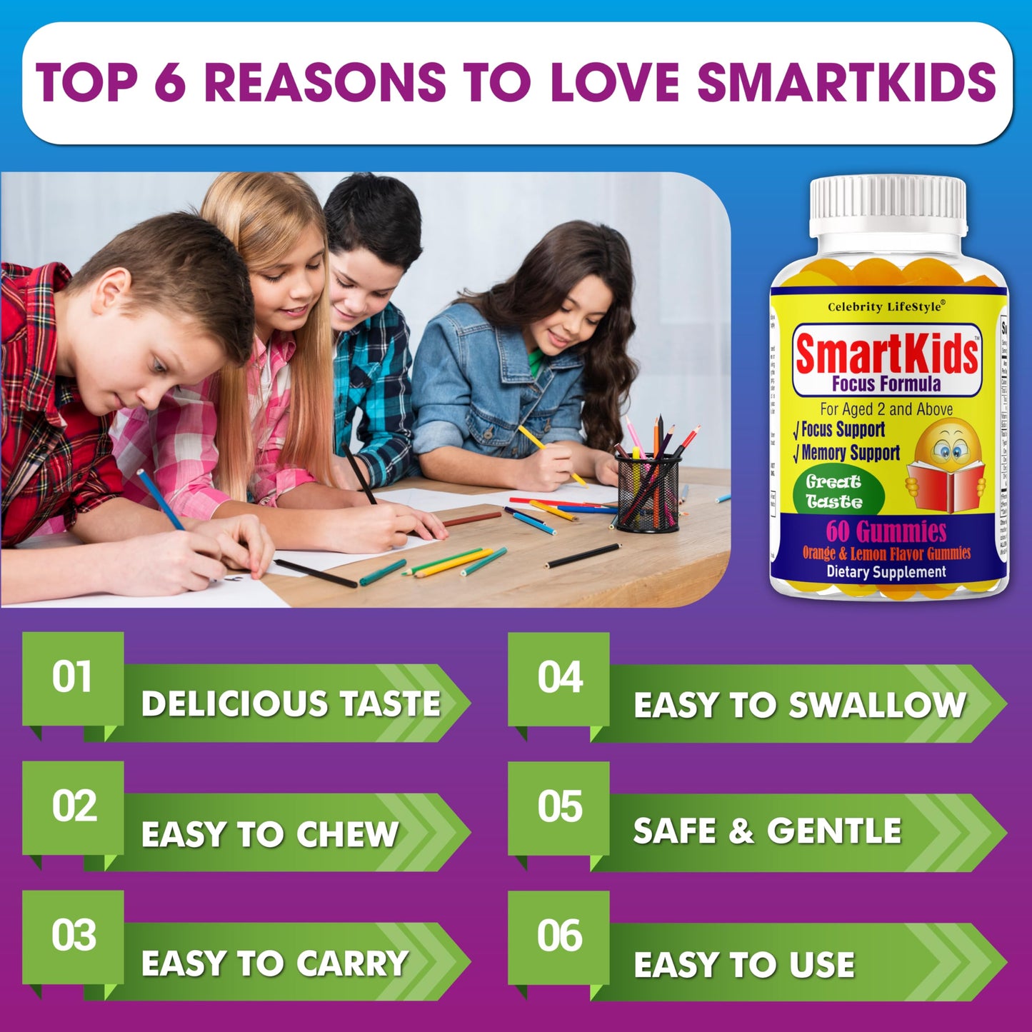 Celebrity LifeStyle Product Smart Kids Focus Gummies with Omega-3-6-9 DHA, Orange Flavor, 60 Gummies
