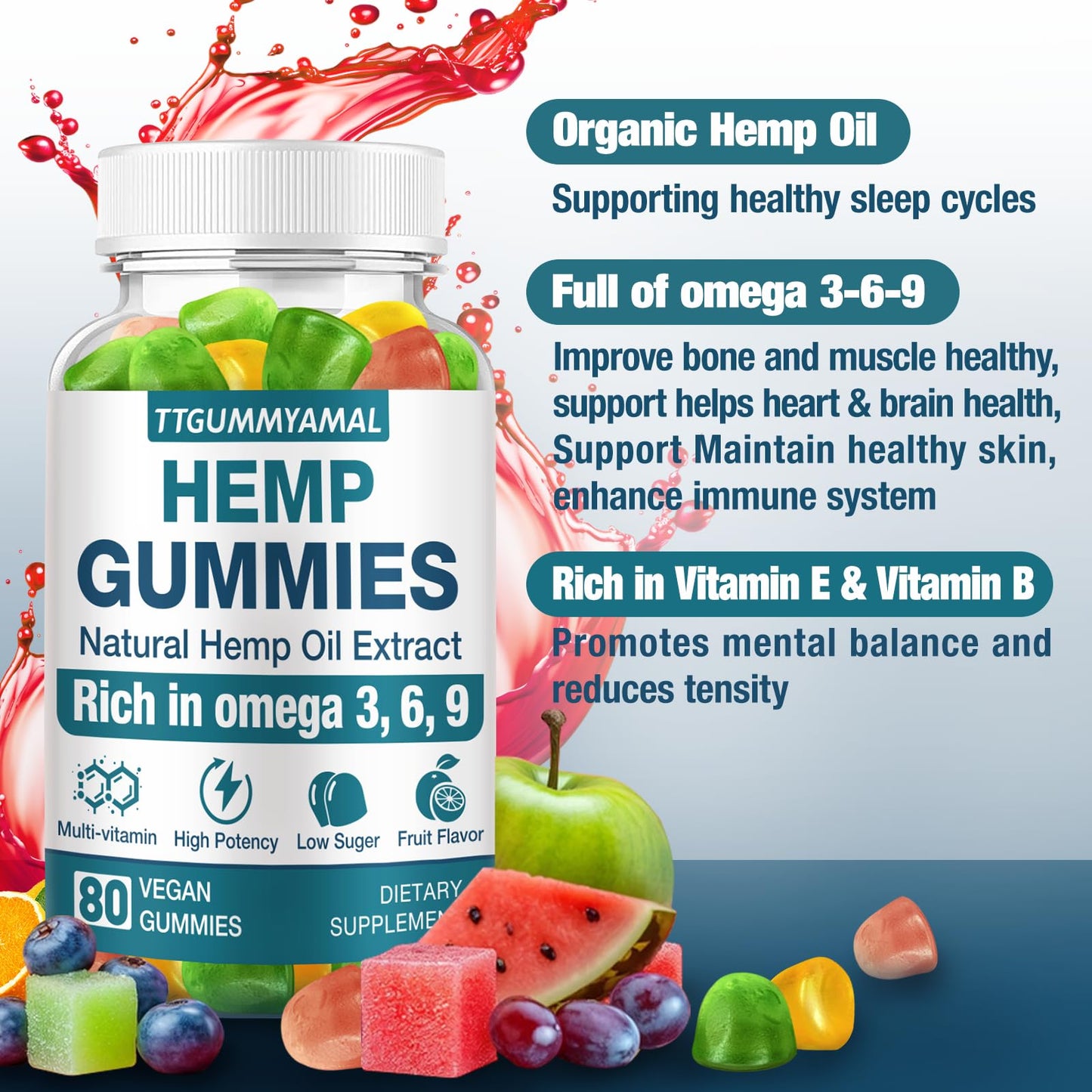 TTGUMMYAMAL Hemp Gummies for Pain Anxiety Sleep Stress Gummy 80 Count