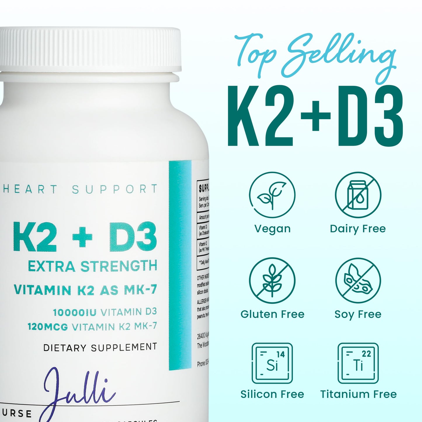 Nurse Julli Vitamin K2 + D3 Extra Strength Supplement Capsules - 120 Count