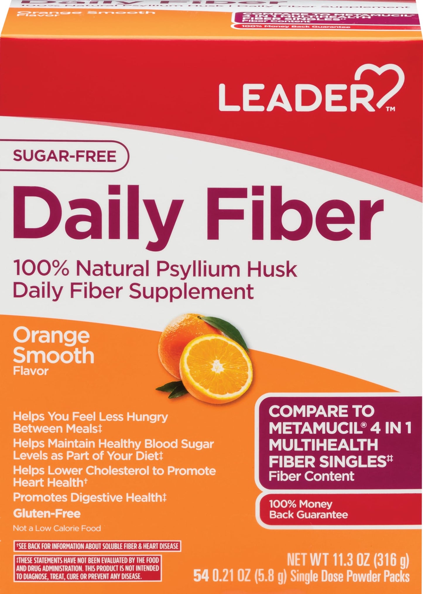 Leader Psyllium Husk Powder Supplement 4-in-1 Fiber, Orange, 13 Ounces