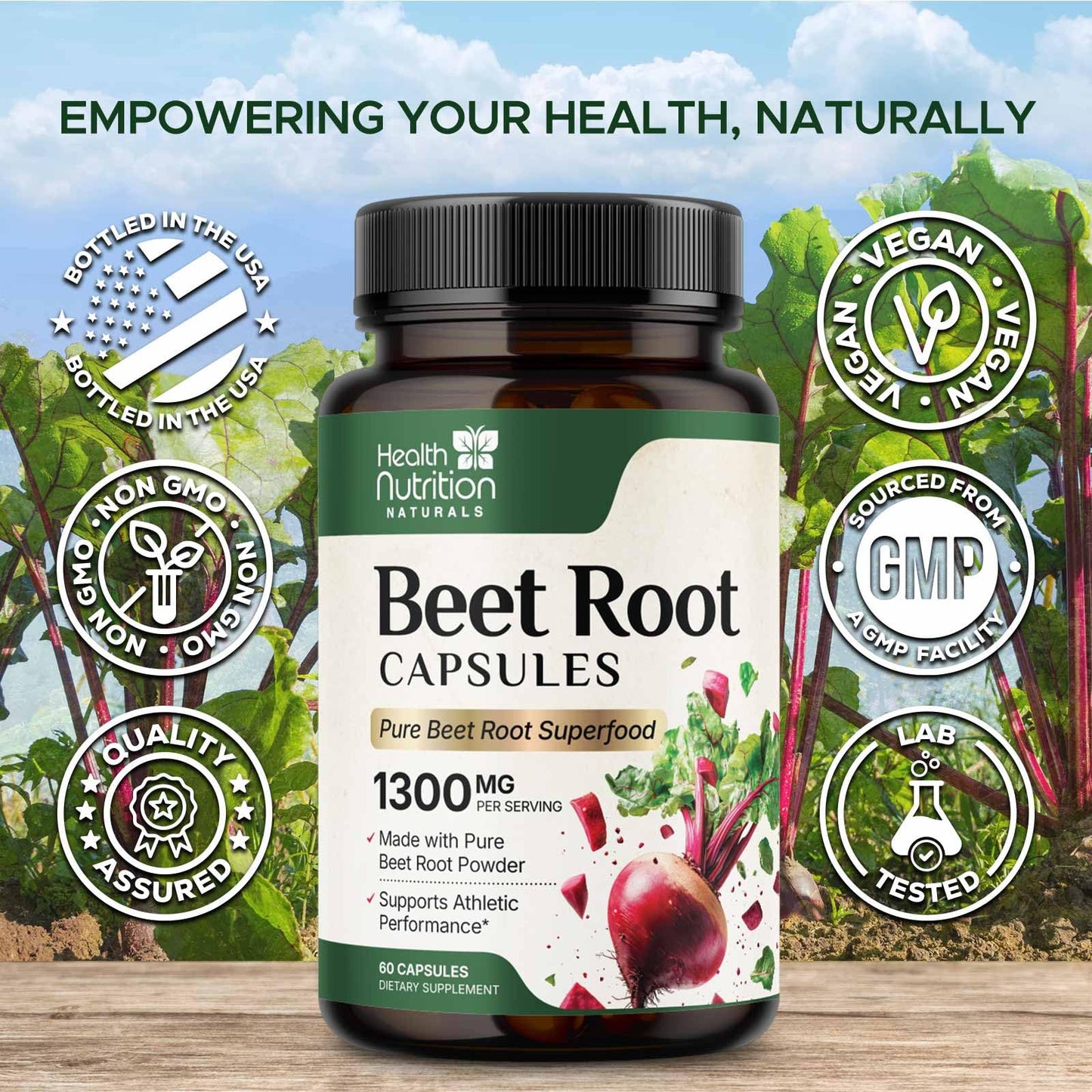 Health Nutrition Naturals Organic Beetroot Powder 1300mg per Serving Capsules, 60 Capsules