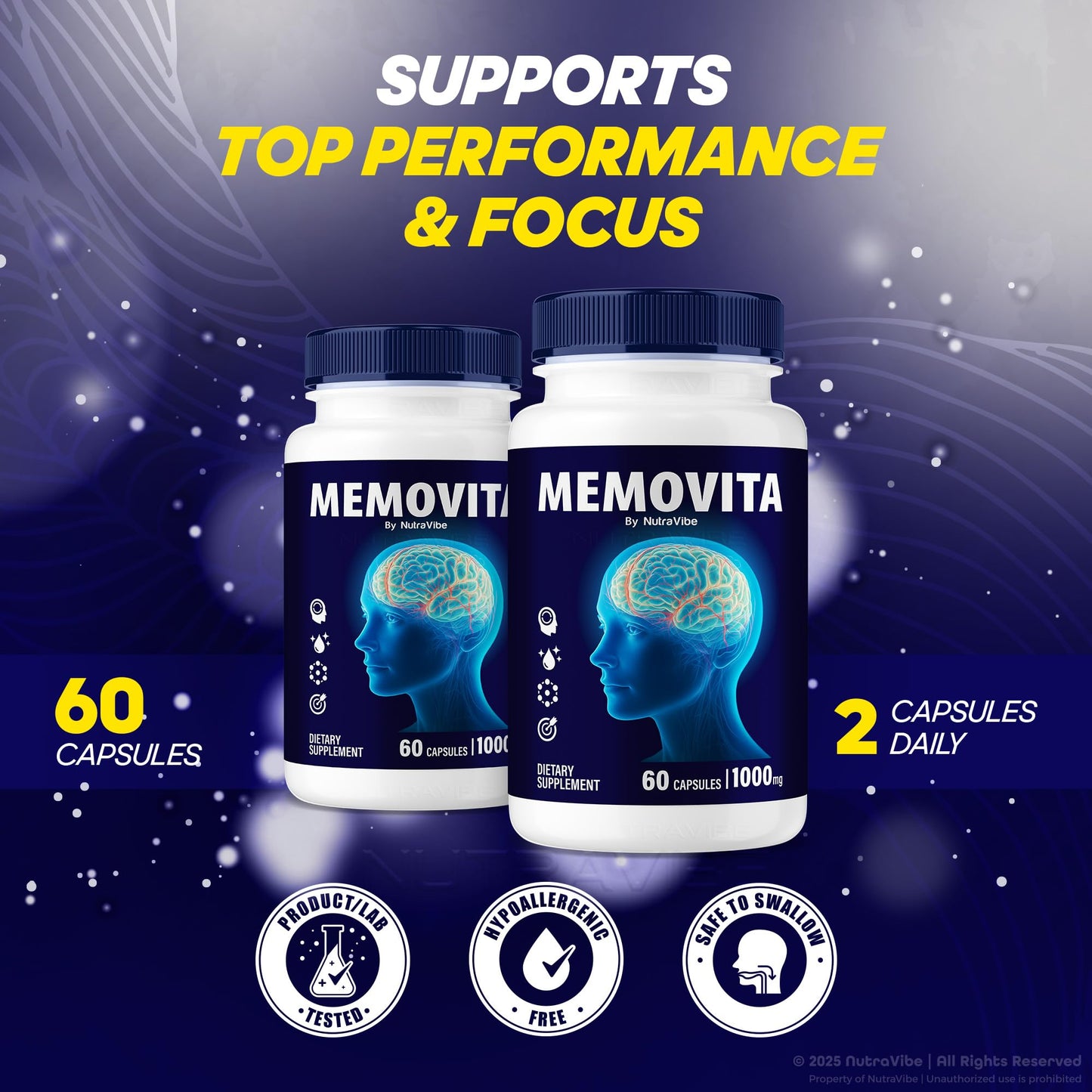 NutraVibe Memovita Capsules – Memo Vita Master Formula for Focus, Clarity, Concentration & Sharp Memory, 180 Capsules