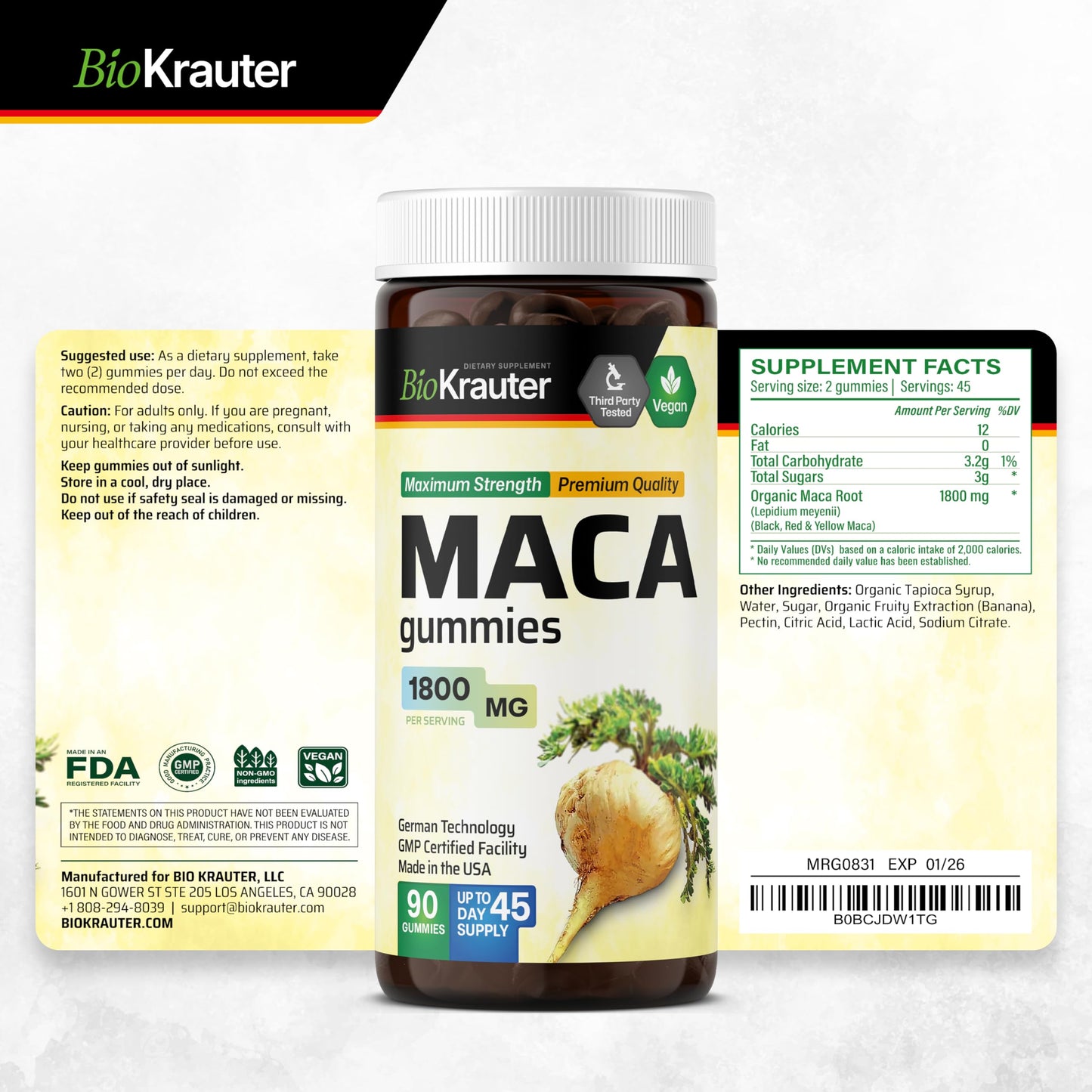 BIO KRAUTER Maca Root for Women and Men - Black, Red & Yellow Maca Supplement 1800 mg, Gummies, 90 Count