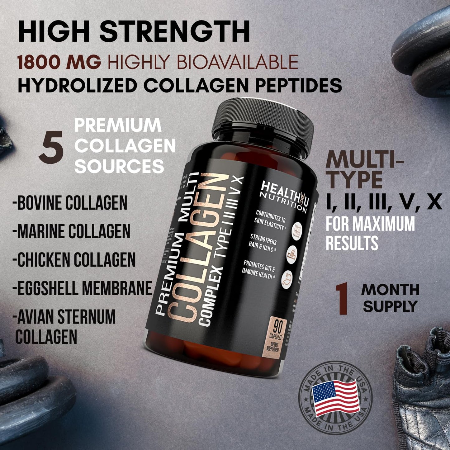 HEALTHYU NUTRITION Premium Multi Collagen Peptides Capsules, 90 Count