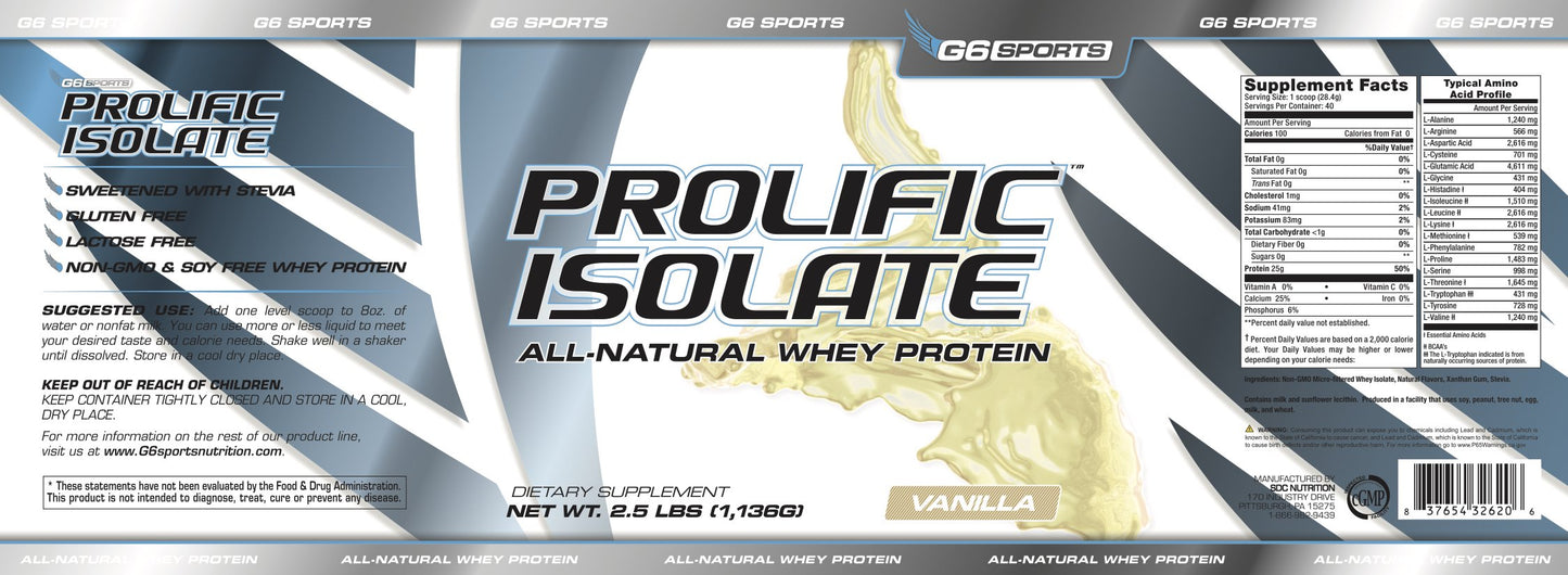 G6 Sports Prolific Isolate All Natural Whey Protein Isolate Powder, 40 Servings