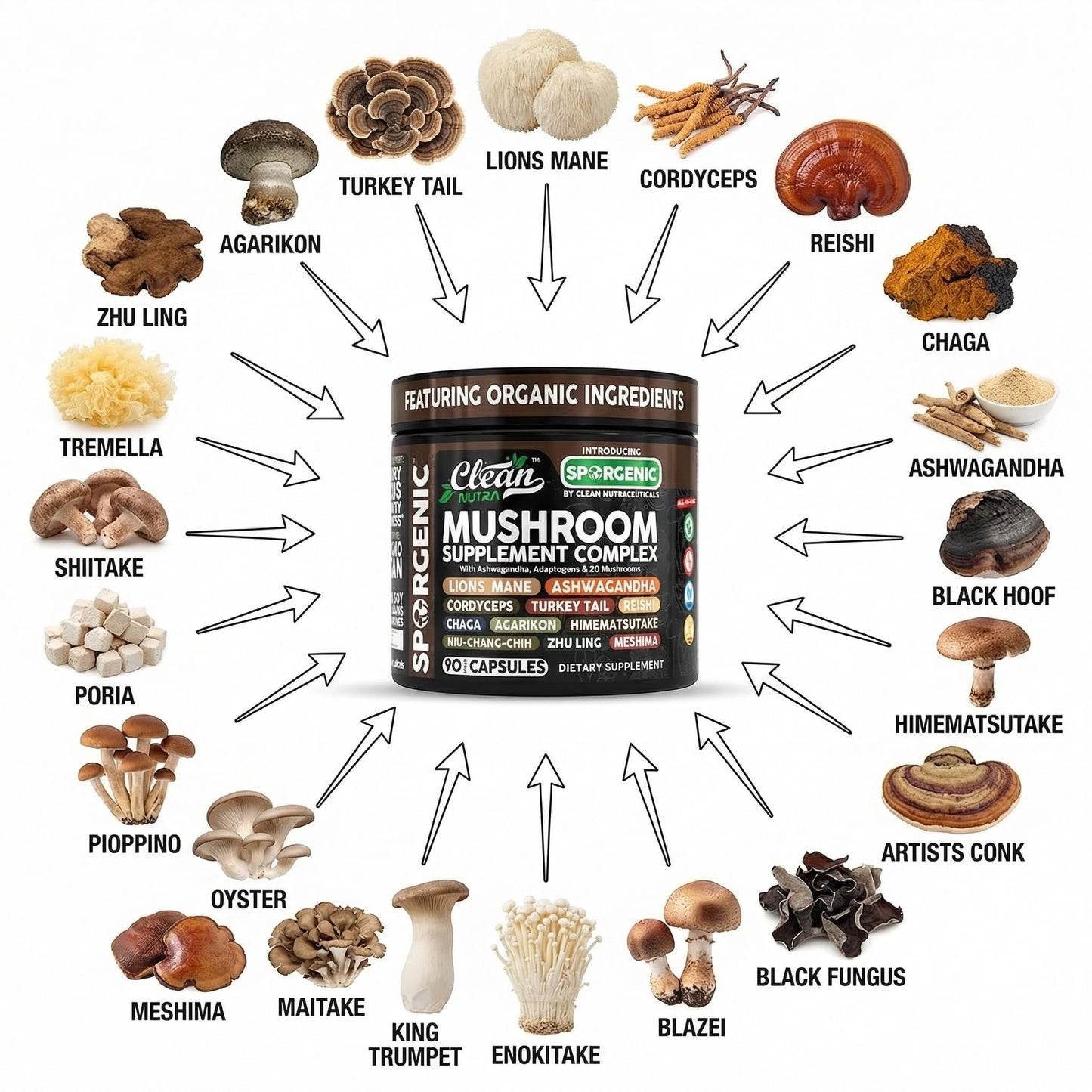 Clean Nutraceuticals Organic Mushroom Supplement 90 Capsules