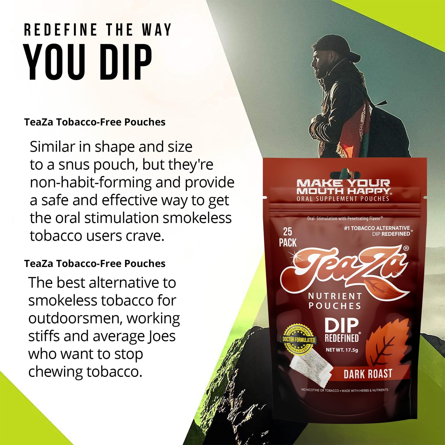TeaZa Energy Pouches, Tobacco-Free Nicotine-Free Dip, Dark Roast, 100 Pouches