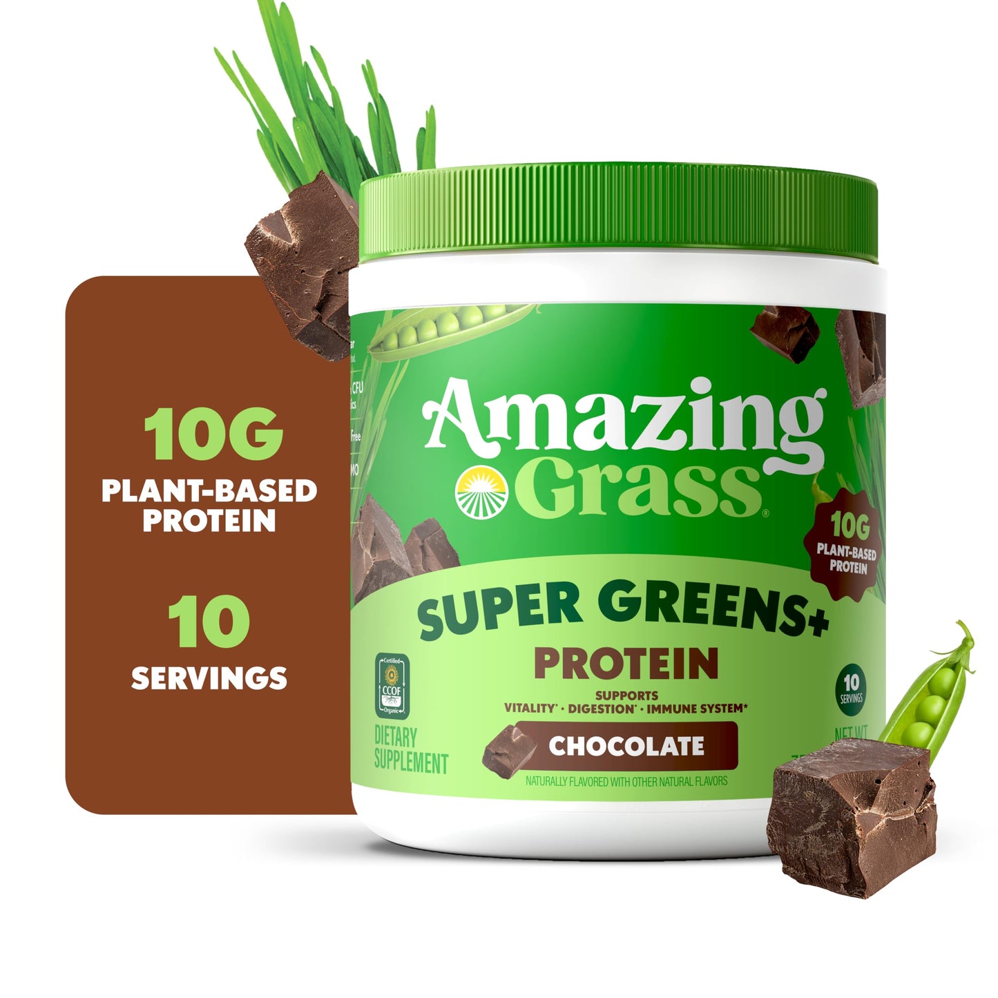 Amazing Grass Super Greens+ Protein Powder, Chocolate, 7.76 oz, 10 Servings