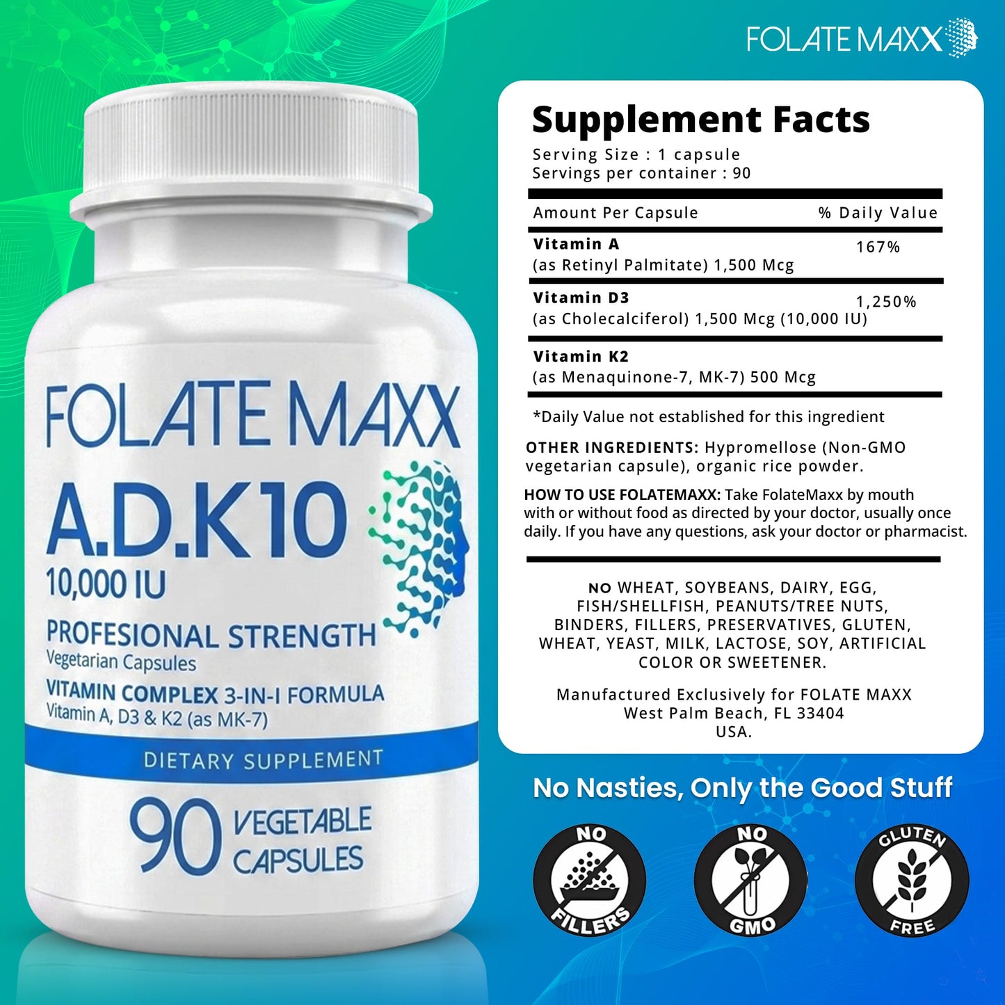 FOLATE MAXX ADK 10 Vitamin Supplement Capsules, 90 Count
