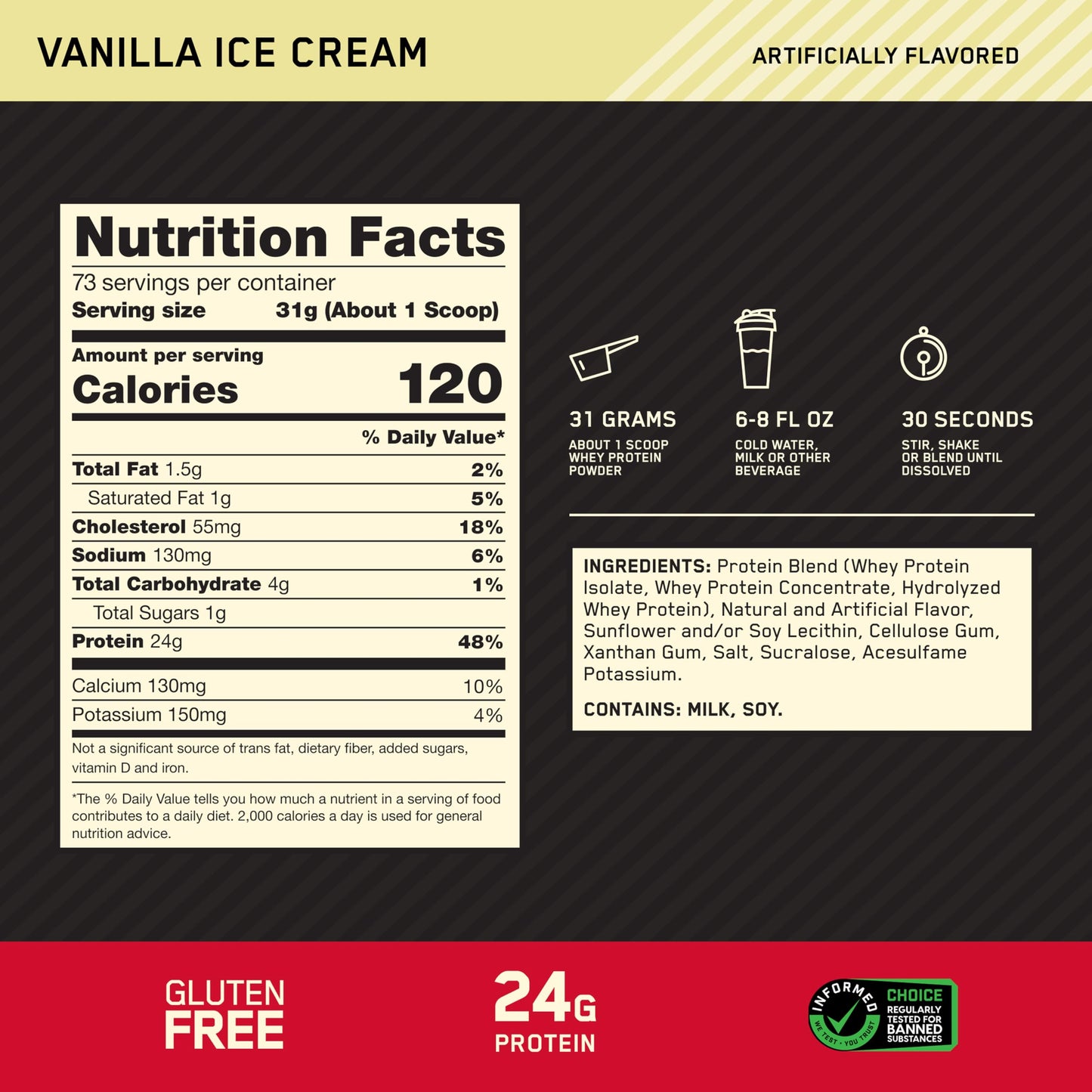 Optimum Nutrition Gold Standard 100% Whey Protein Powder Vanilla Ice Cream, 80 Servings