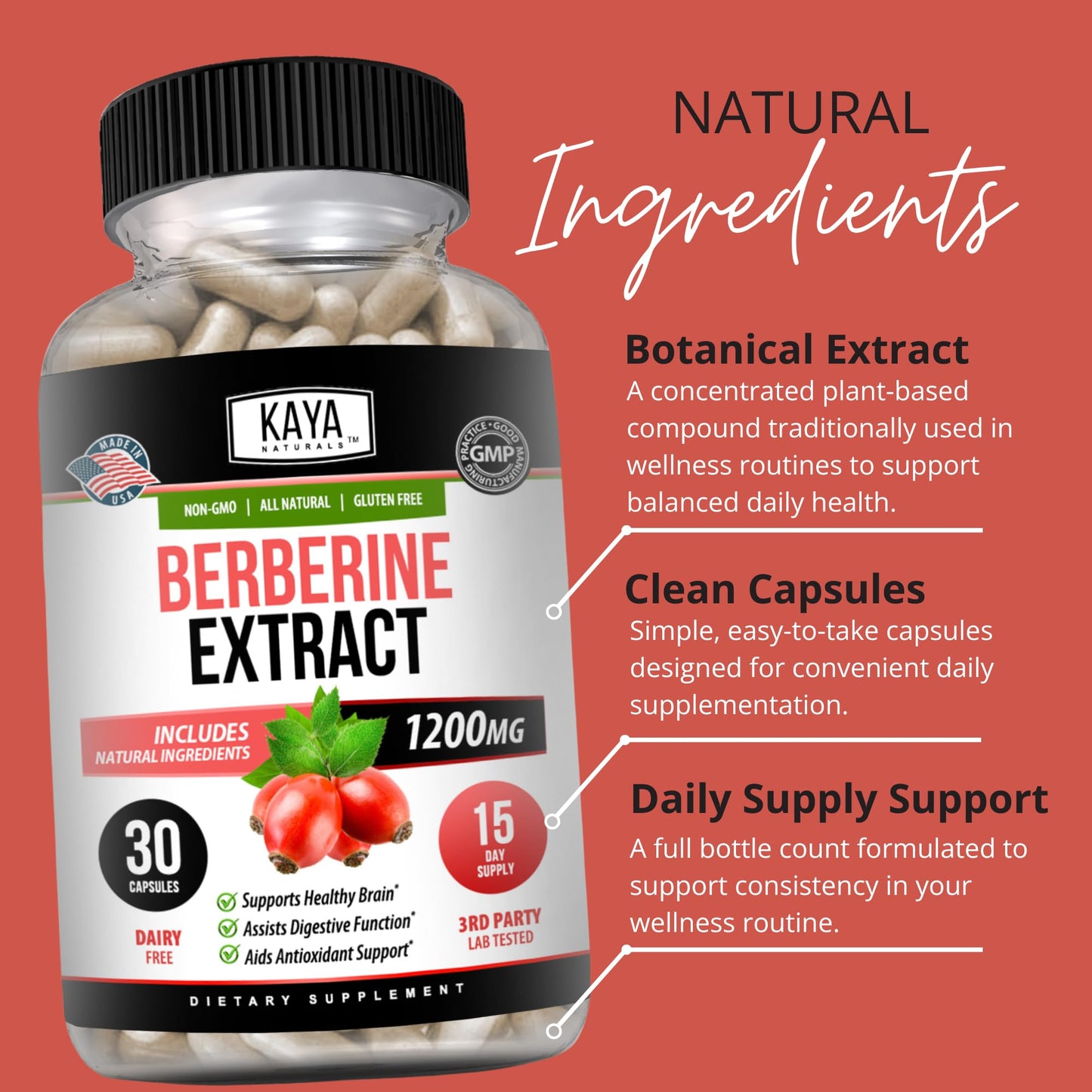 Kaya Naturals Berberine HCL Extract 1200mg Capsule, 30 Count