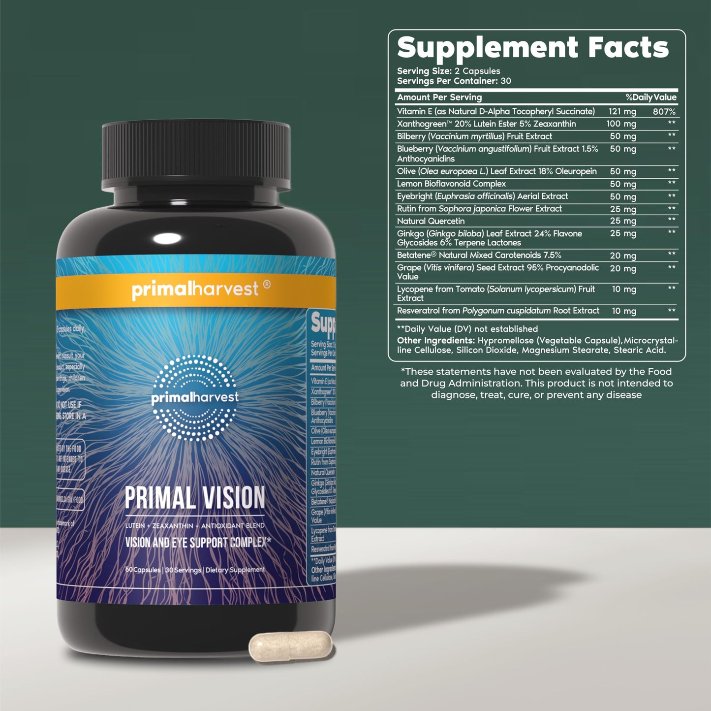 Primal Harvest Primal Vision with Lutein, Zeaxanthin, Vitamin A and Zinc for Eye Health, Blue Light Support and Visual Clarity, 60 Capsules