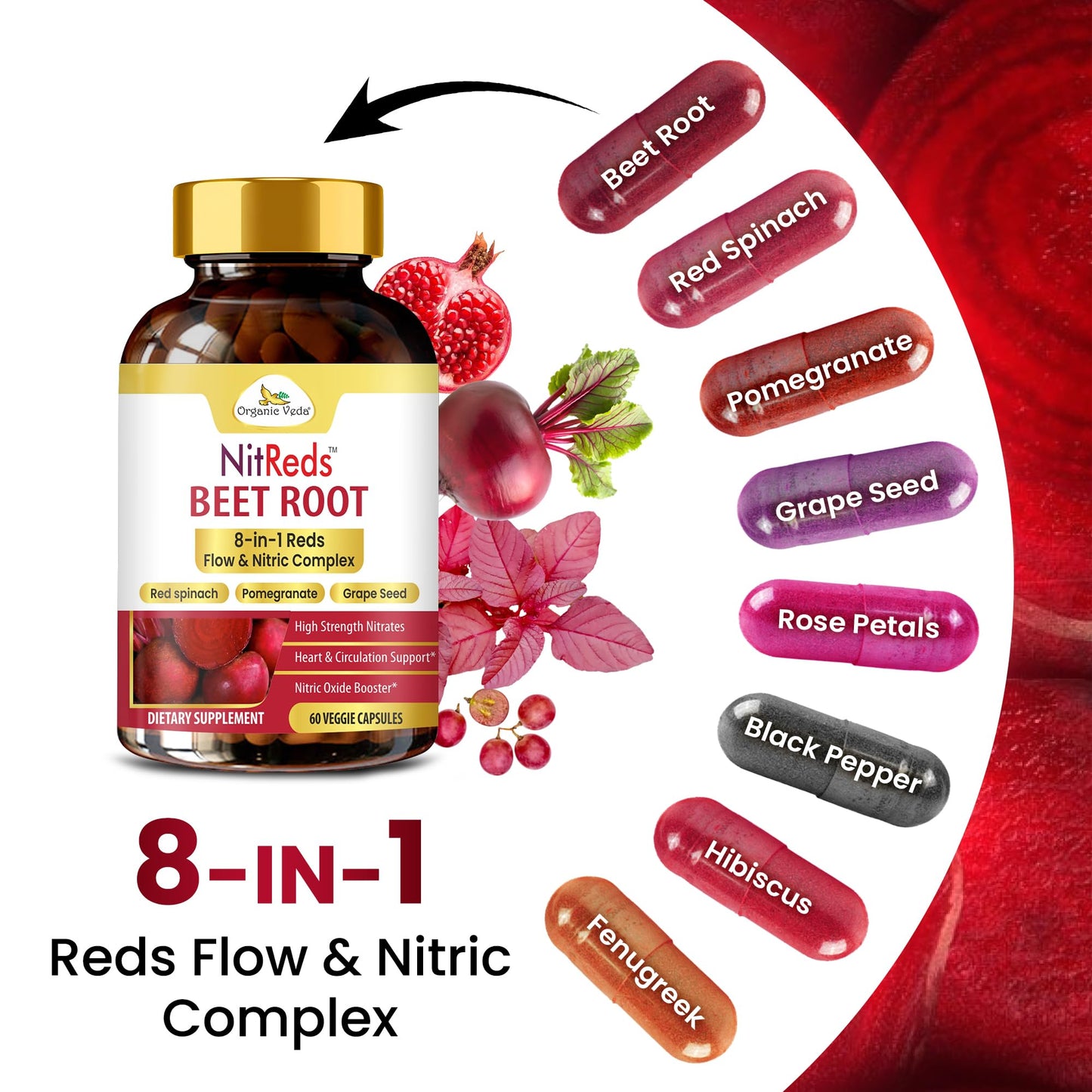 Organic Veda NitReds Beet Root Nitric Oxide Supplement, Nitrates Complex from Grape Seed & Pomegranate, Red Spinach & Beets for Heart Health - Flow & Circulation Super Reds for Men & Women, 60 Tablets