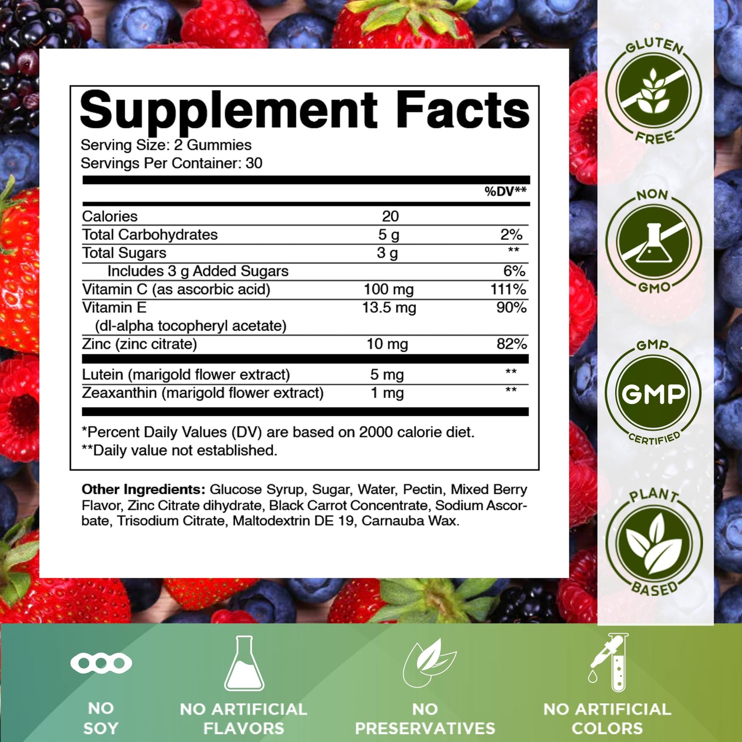 Vitamatic Eye Health Gummies with Lutein, Zeaxanthin, Vitamin C, E & Zinc – Mixed Berry Flavor, 60 Gummies