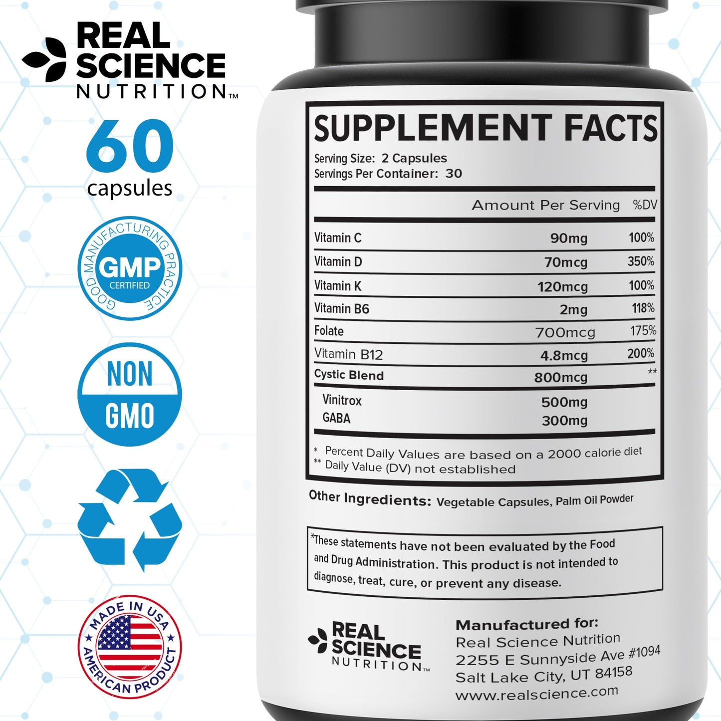 Real Science Nutrition IntersCyst Miracle Bladder & Urinary Wellness Supplement with Vitamins C, D, K & B12 Plus Nitric Oxide Support Urinary Tract, Digestive Balance & Cellular Health, 60 Capsules