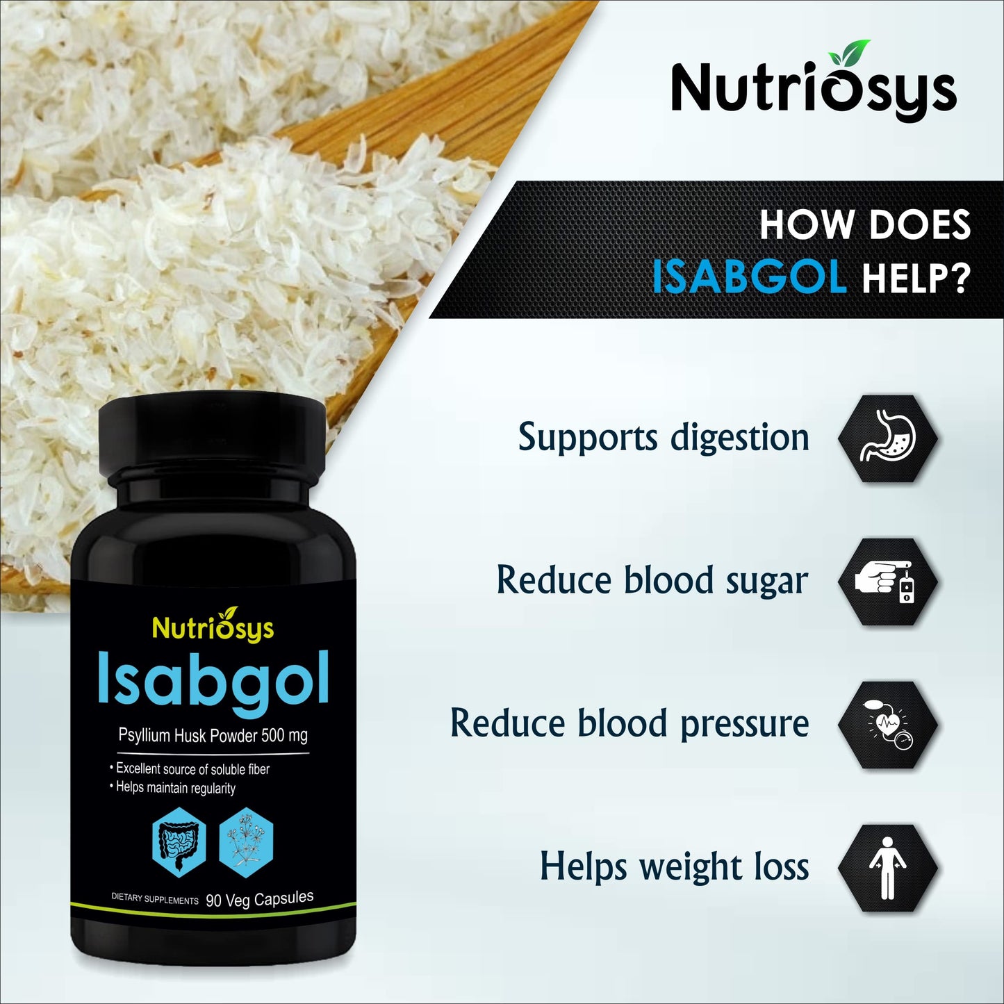 Nutriosys Isabgol Psyllium Husk 500mg Supplement, 90 Capsules
