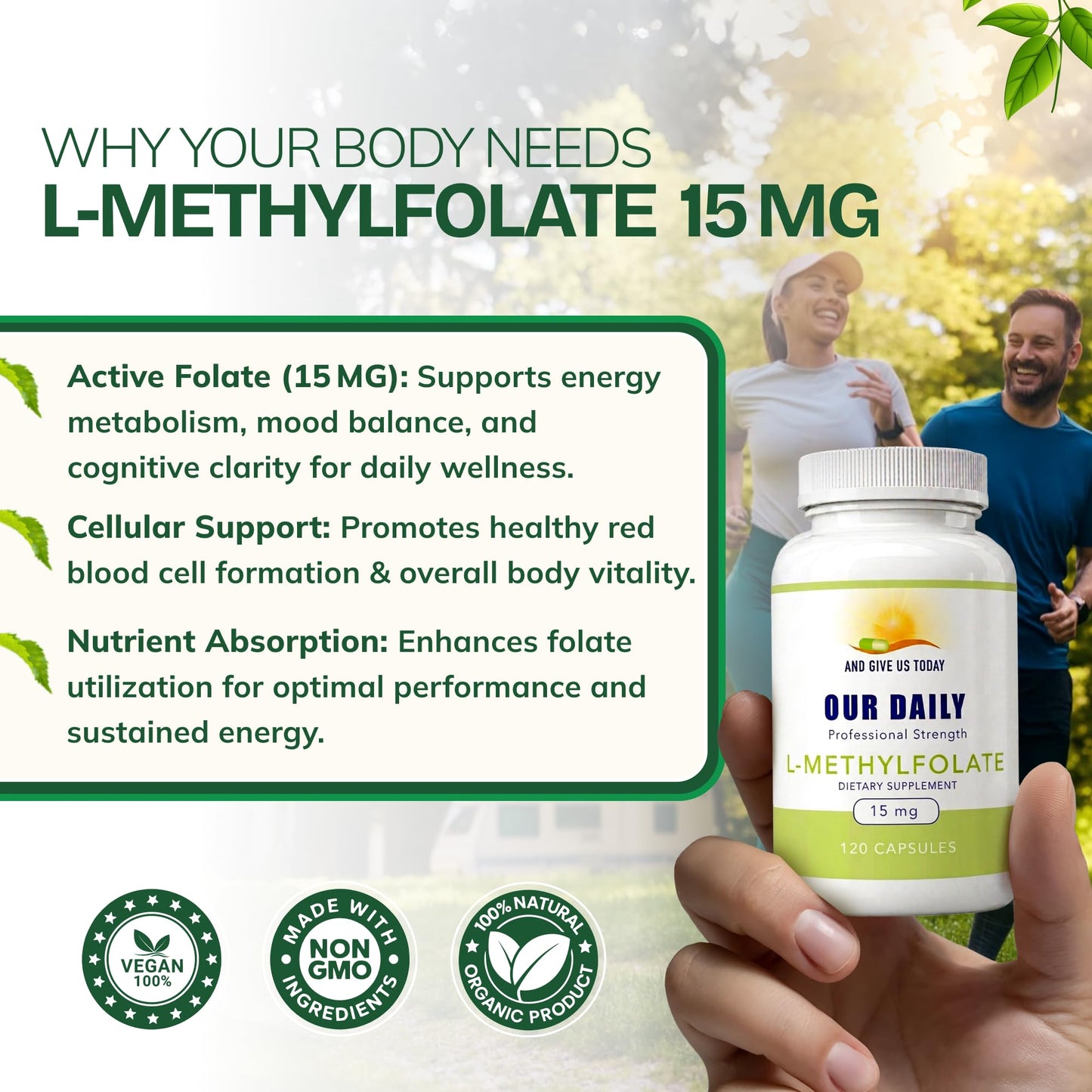 AND GIVE US TODAY OUR DAILY Our Daily Vites L Methylfolate 15mg – Active 5-MTHF Methylated Folate Supplement for Women & Men – Methyl Folate for Brain Health, Focus & Mood Support – Gluten Free, Non-GMO, 120 Capsules