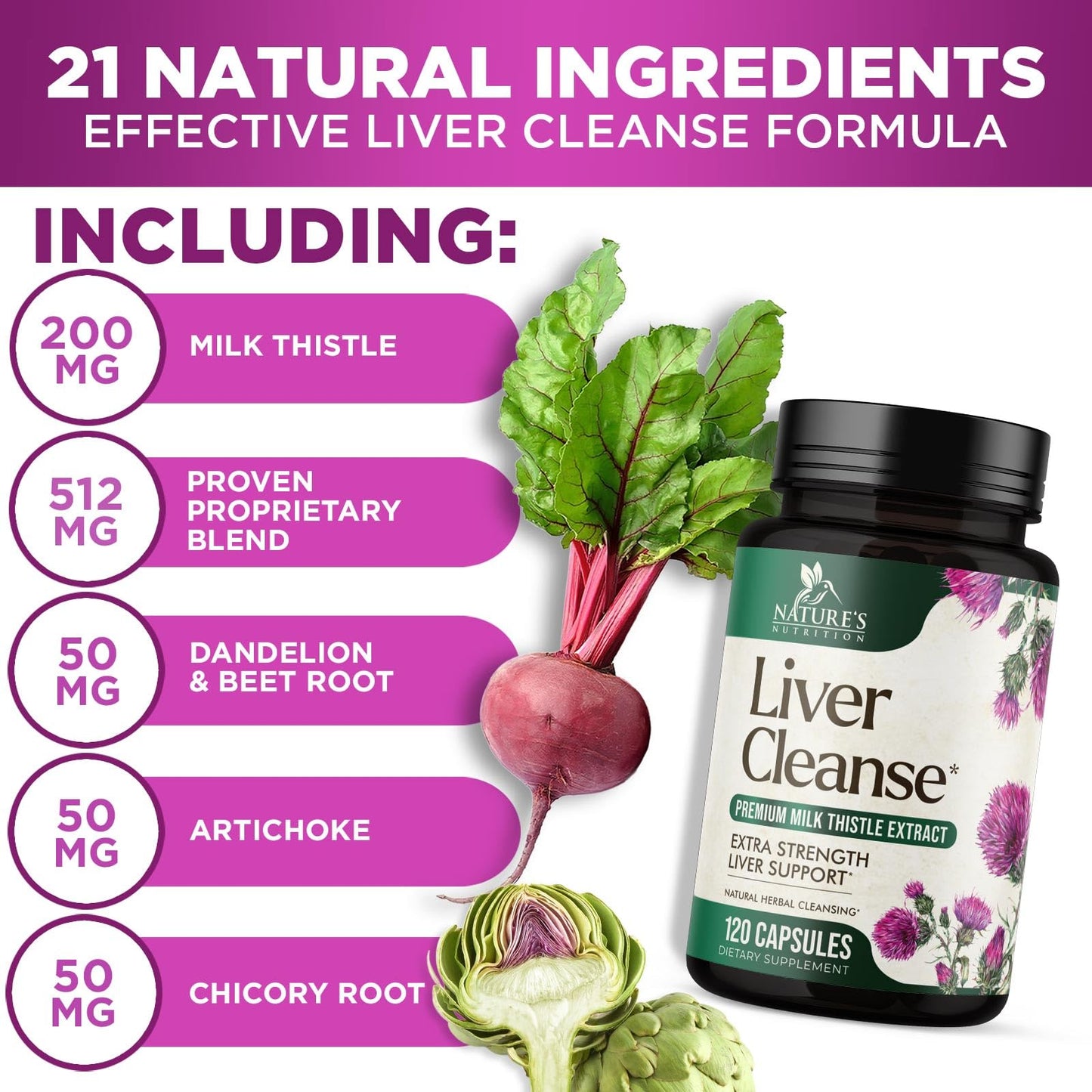 Nature's Nutrition Liver Cleanse Detox & Repair Formula - 20-in-1 Advanced Liver Support with Silymarin Milk Thistle, Dandelion Root, Artichoke Extract, Turmeric, Choline, & Beetroot, 120 Veggie Capsules