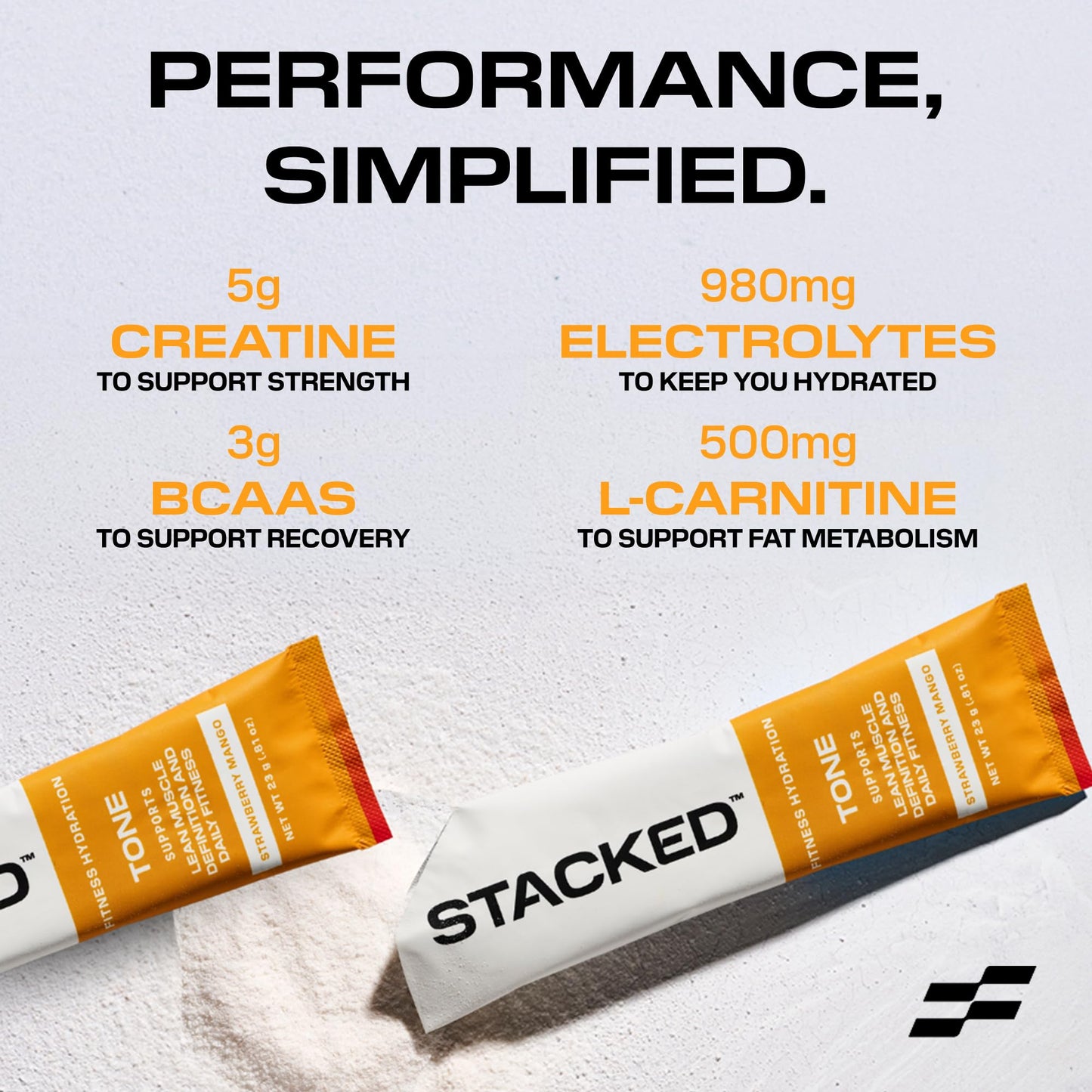 STACKED FITNESS HYDRATION Creatine + Electrolyte Mix for Strength, Hydration & Recovery Powder, 18 Pack