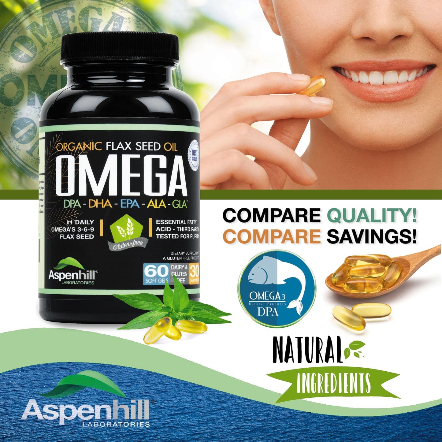 Aspenhill Laboratories Wild Caught Antarctic Omega-3 Fish Oil Super Blend with DPA, EPA, DHA, ALA and GLA with Added Organic Flax Seed Oil Softgels, 60 Count