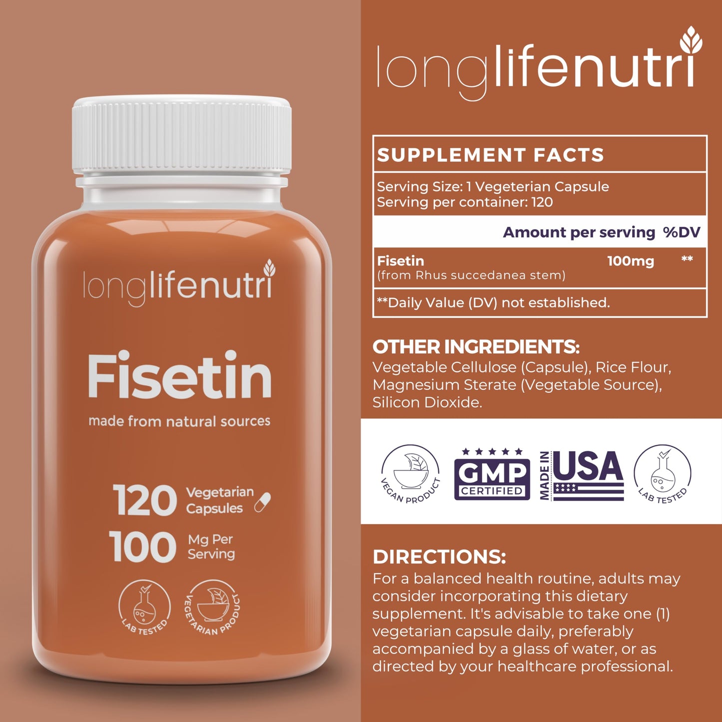 LongLifeNutri Fisetin 100mg - from Rhus Succedanea Stem Extract, 120 Capsules