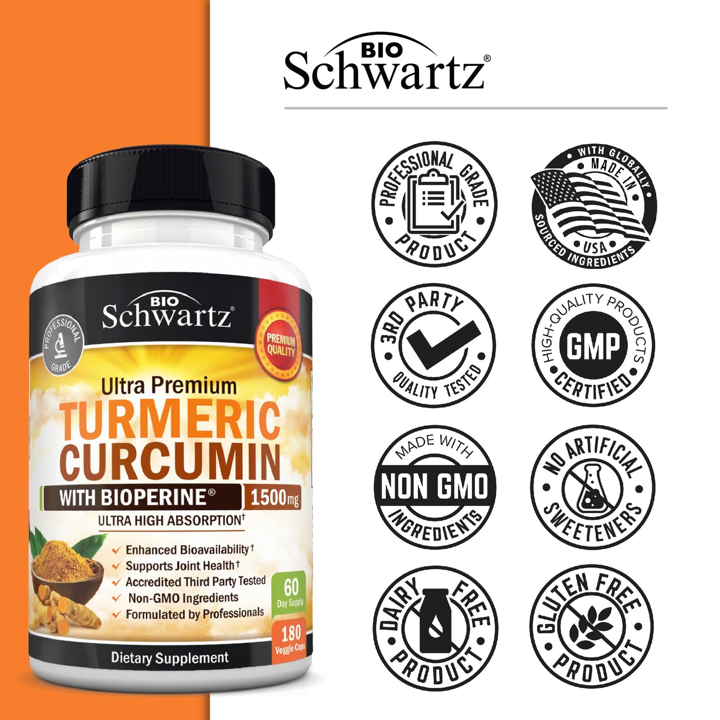 BioSchwartz Turmeric Curcumin with Black Pepper Extract 1500mg, High Absorption Turmeric Supplement with 95% Curcuminoids and BioPerine, Non-GMO Turmeric Capsules for Joint Support, 180 Capsules