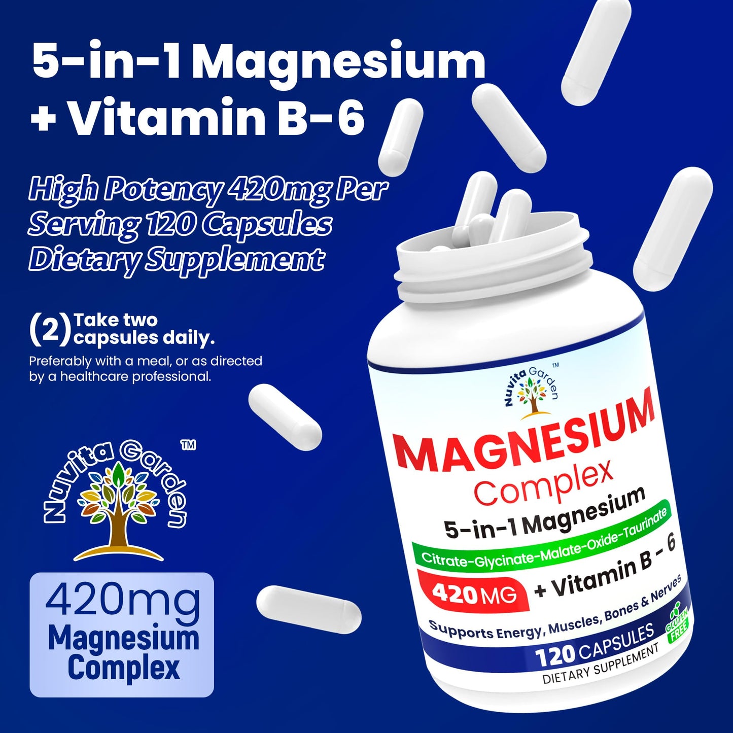 NoMiLu Magnesium Complex 420mg 5-in-1 Magnesium Supplement with Glycinate, Citrate, Malate, Oxide, Taurinate + 30mg Vitamin B6, 120 Capsules
