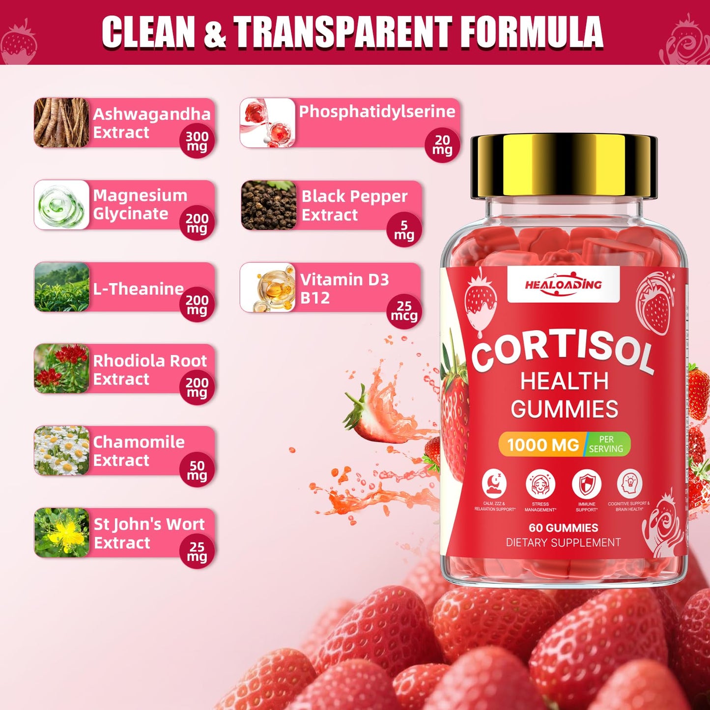 HEALOADING Cortisol Reducer Gummies for Women, with Ashwagandha, Magnesium, L-Theanine, Phosphatidylserine & Vitamin B12, 60 Gummies