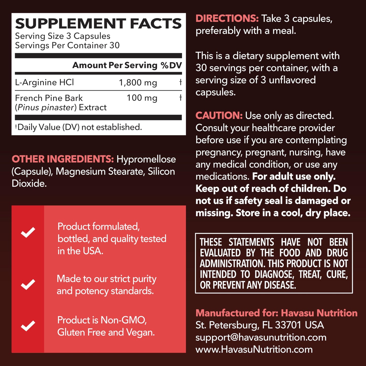 HAVASU NUTRITION L-Arginine 1800mg and Pine Bark Extract 100mg Nitric Oxide Supplement for Men, 90 Capsules