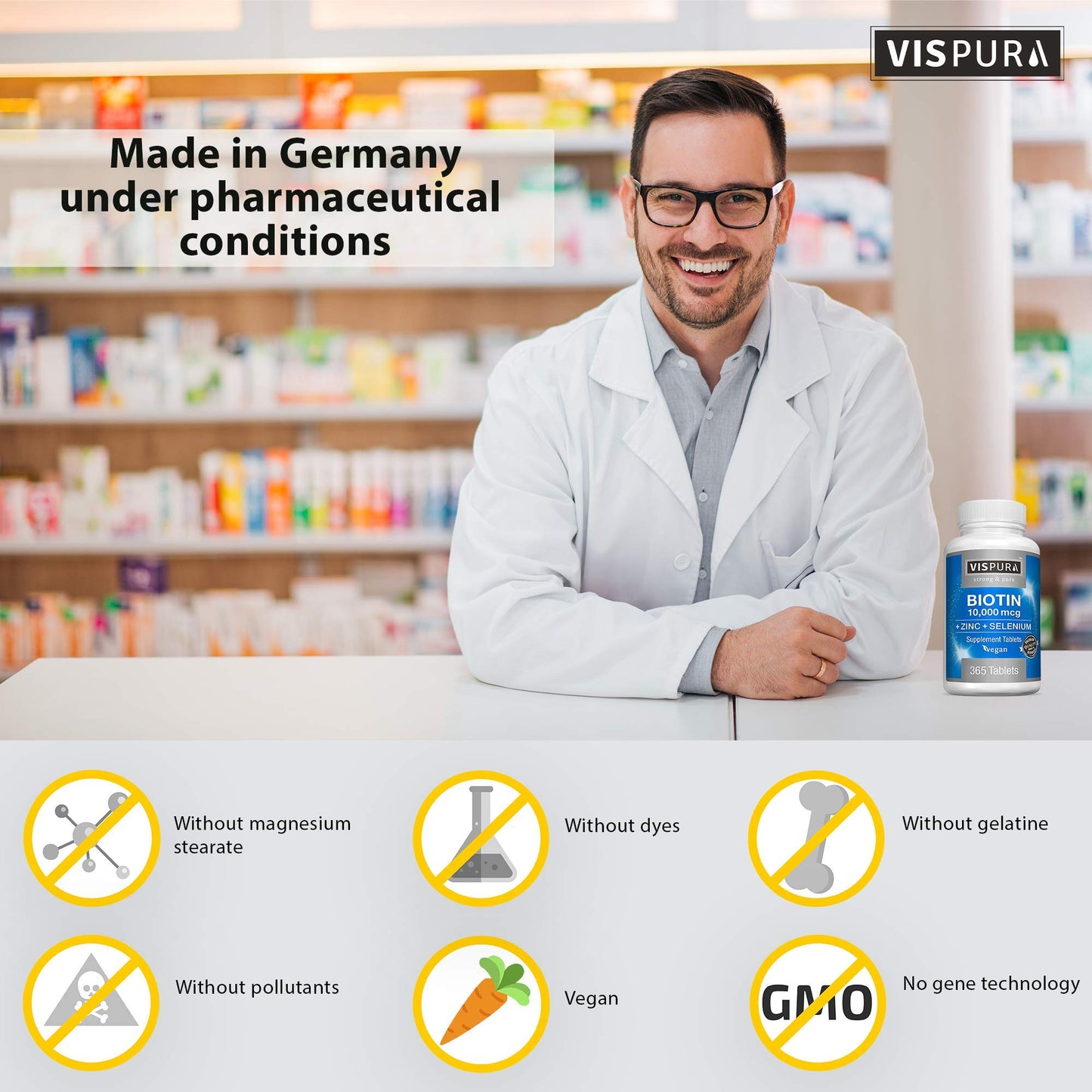 VISPURA Biotin 10000 mcg + Zinc + Selenium, 365 Tablets