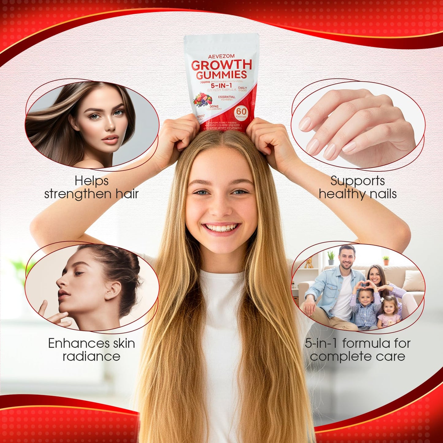 Aevezom 5 in 1 Growth Gummies, Health Nourishment with Biotin, Collagen & Botanical Extracts, Hair Growth & Strength, Skin & Nail Care, Non-GMO, 60 Gummies
