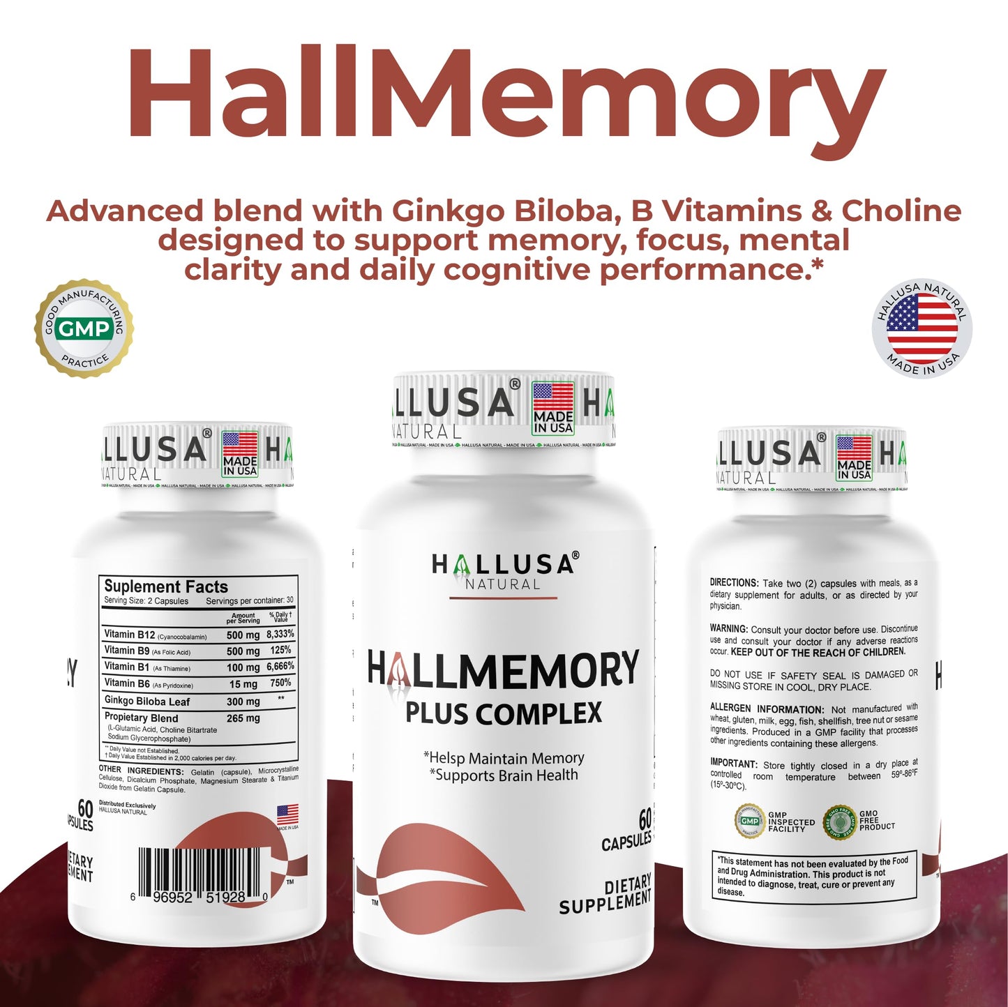 Hallusa Natural Brain Health Supplement Capsules 60 Count