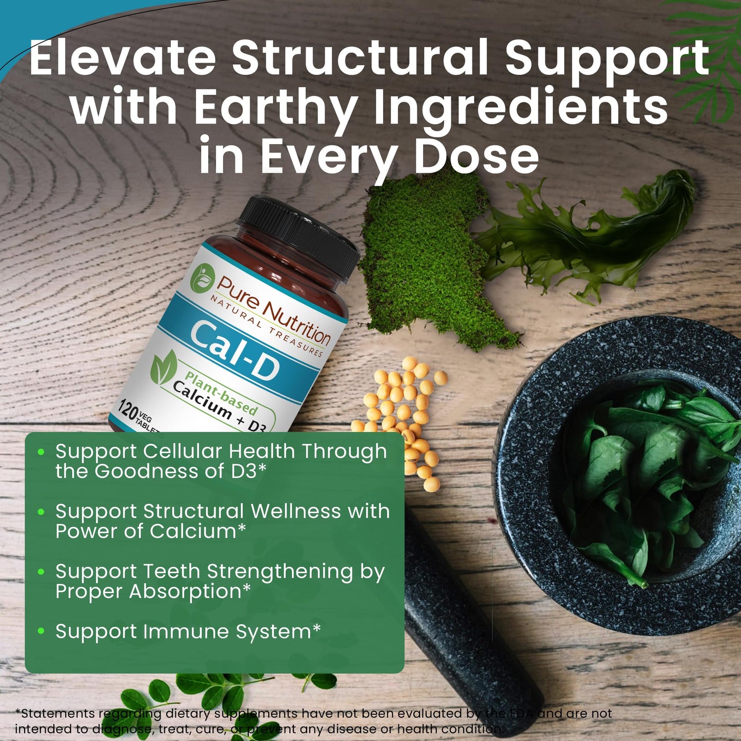 Pure Nutrition Natural Treasures Cal D - Plant Based Calcium with Vitamin D3, K2 & Magnesium, 120 Tablets