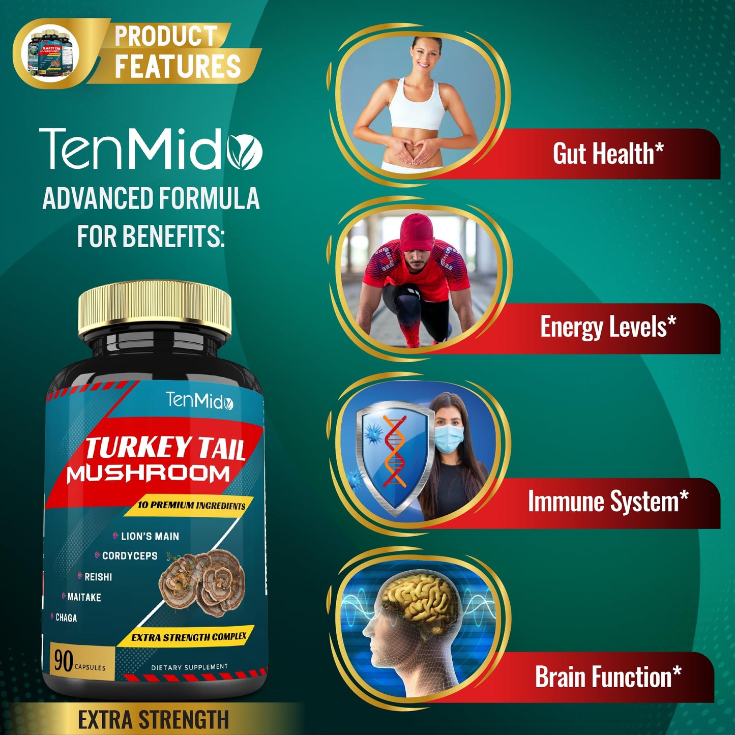 Tenmido Turkey Tail Mushroom Supplement Capsules 90 Count