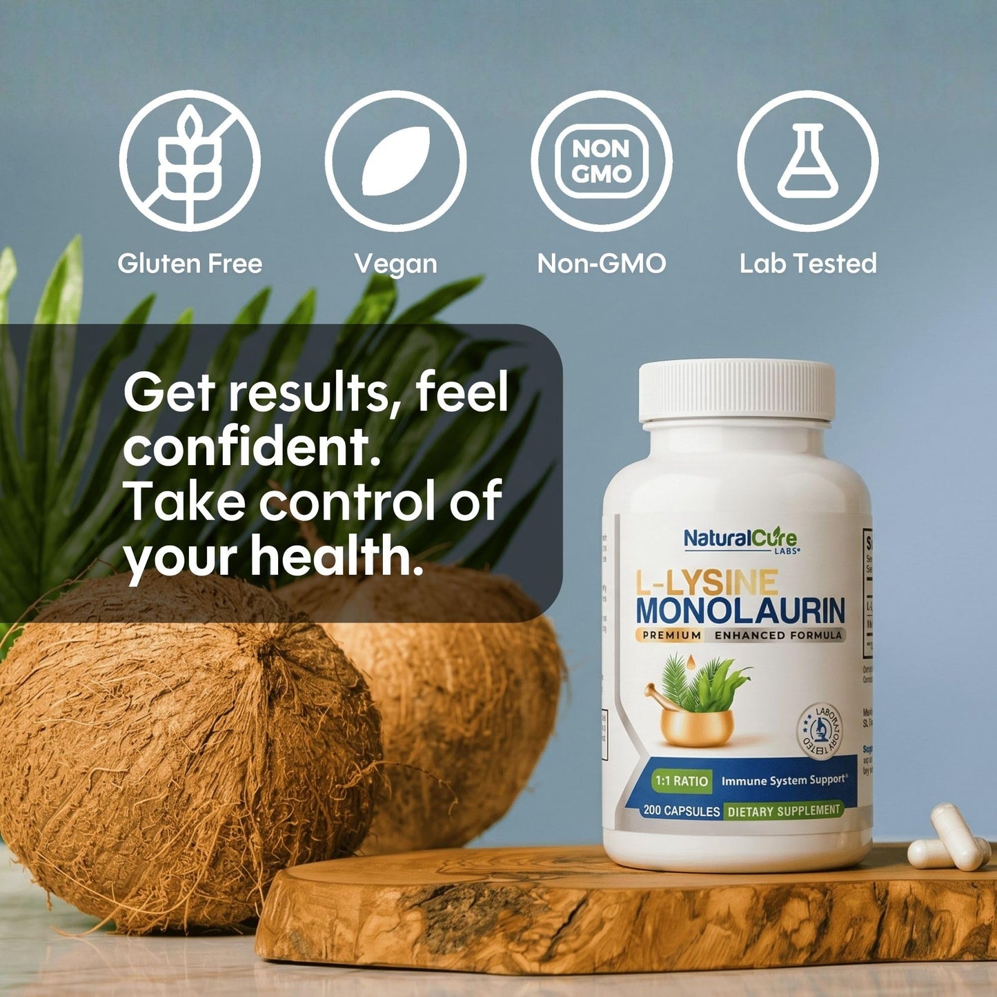 Natural Cure Labs L-Lysine with Monolaurin 600mg 1:1 Ratio, 200 Capsules