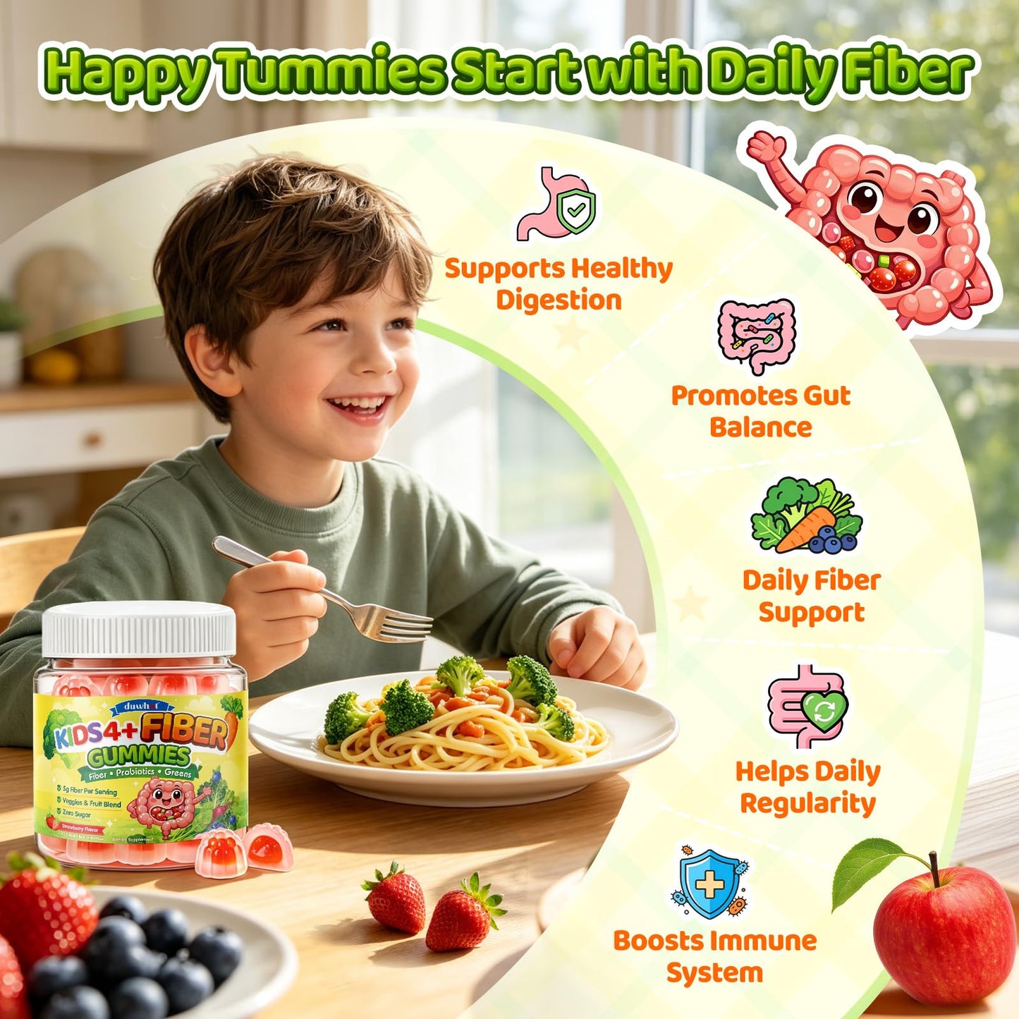 Duwhot Kids Fiber Gummies 5g with Probiotics Gummy, 60 Count