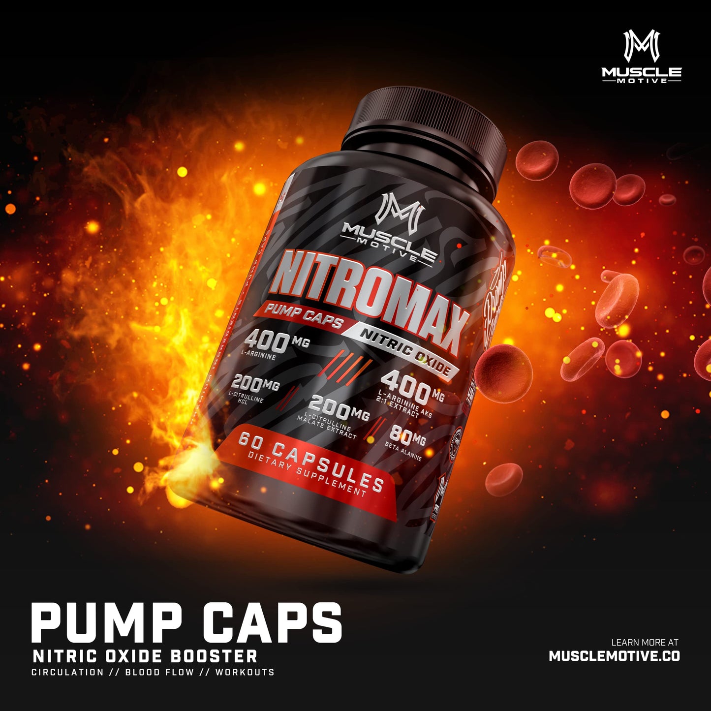 Muscle Motive Nitric Oxide Booster with L-Arginine, L-Citrulline, 60 Capsules