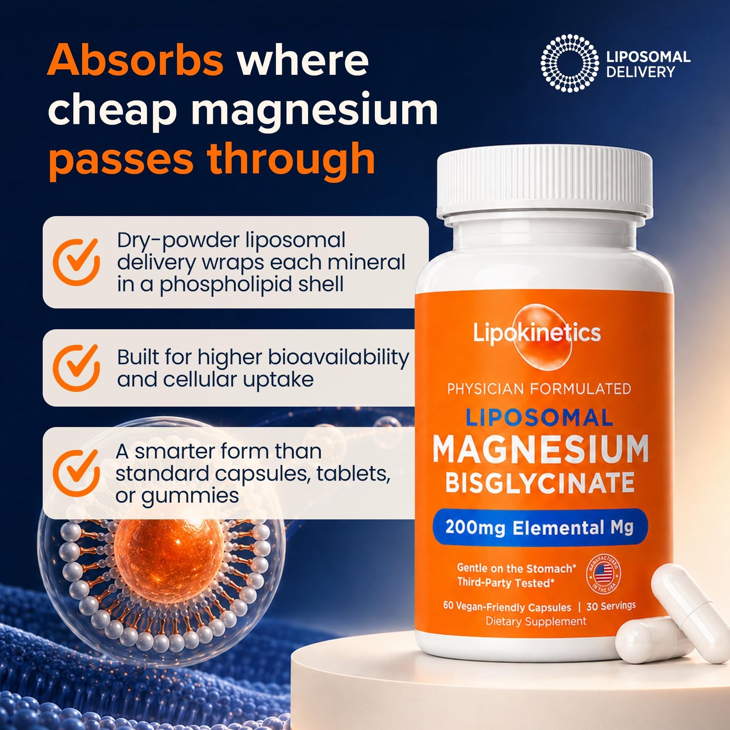 LIPOKINETICS Liposomal Magnesium Bisglycinate Capsules, 60 Count