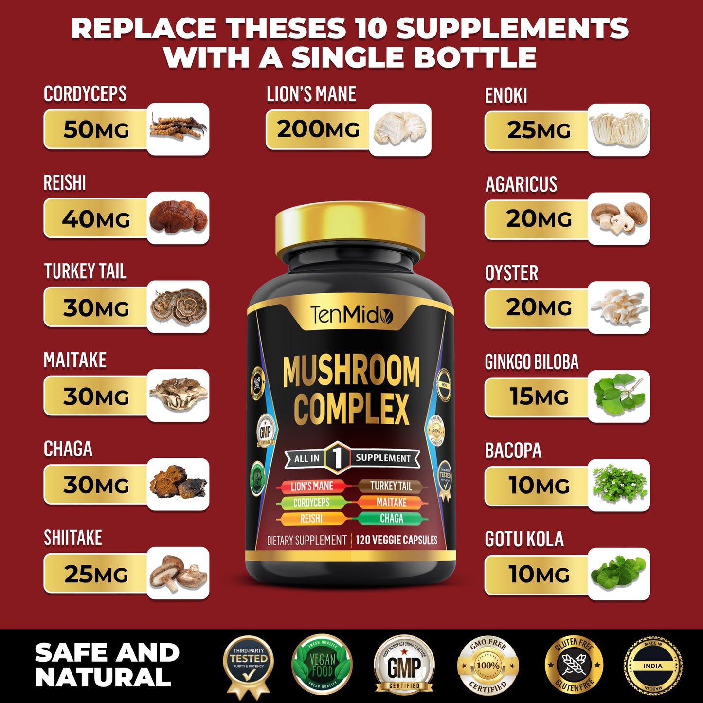 Tenmido Mushroom Complex Supplement 13in1 Formula Capsule 120 Capsules