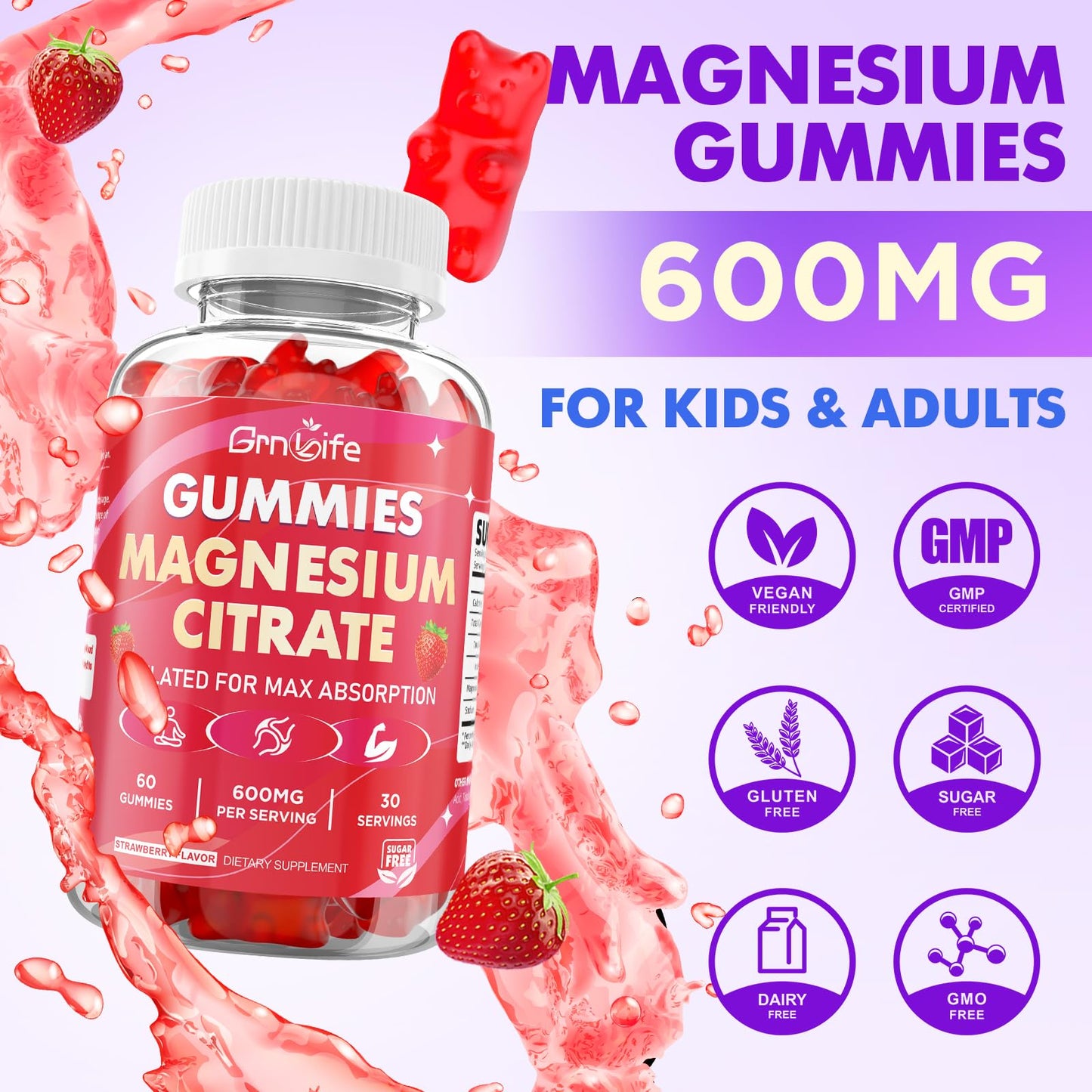 GrnLife Magnesium Citrate Gummies 600mg High Absorption Magnesium Supplement for Calm, Relaxation, Muscle Health, Vegan, Strawberry Flavor, 60 Count