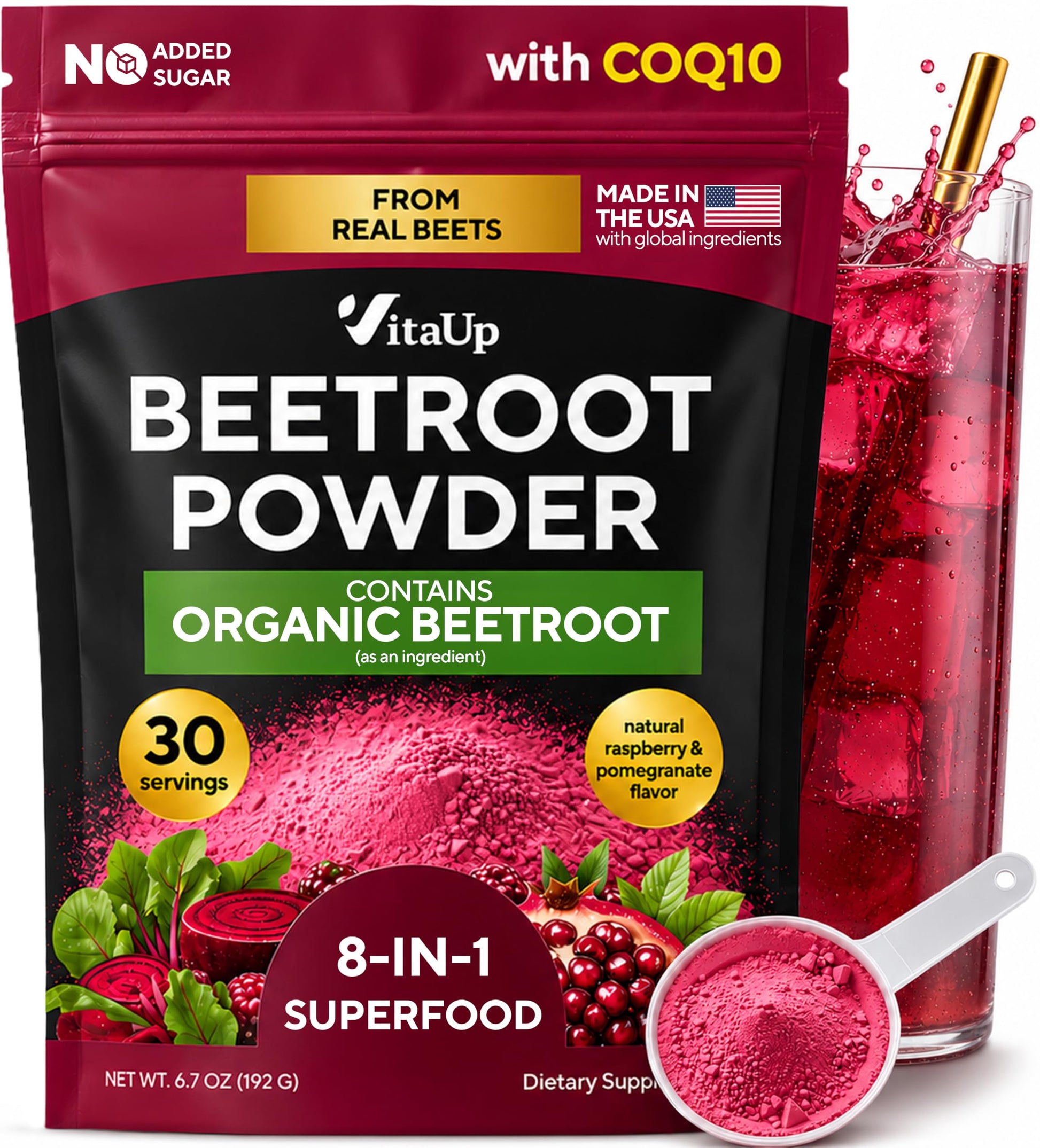 VitaUp Beet Root Powder 8 in 1 with Grape Seed, Hawthorn, CoQ10 – Organic Beetroot for Normal Circulation & Energy Support, 6.7 Ounce