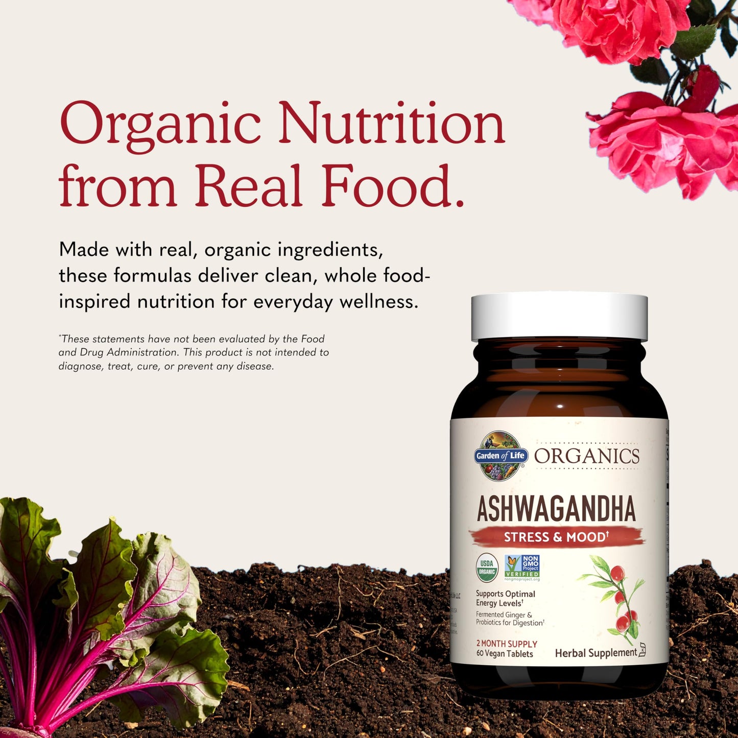 Garden of Life Organic Ashwagandha Supplement with Probiotics & Ginger Tablets 60 Tablets