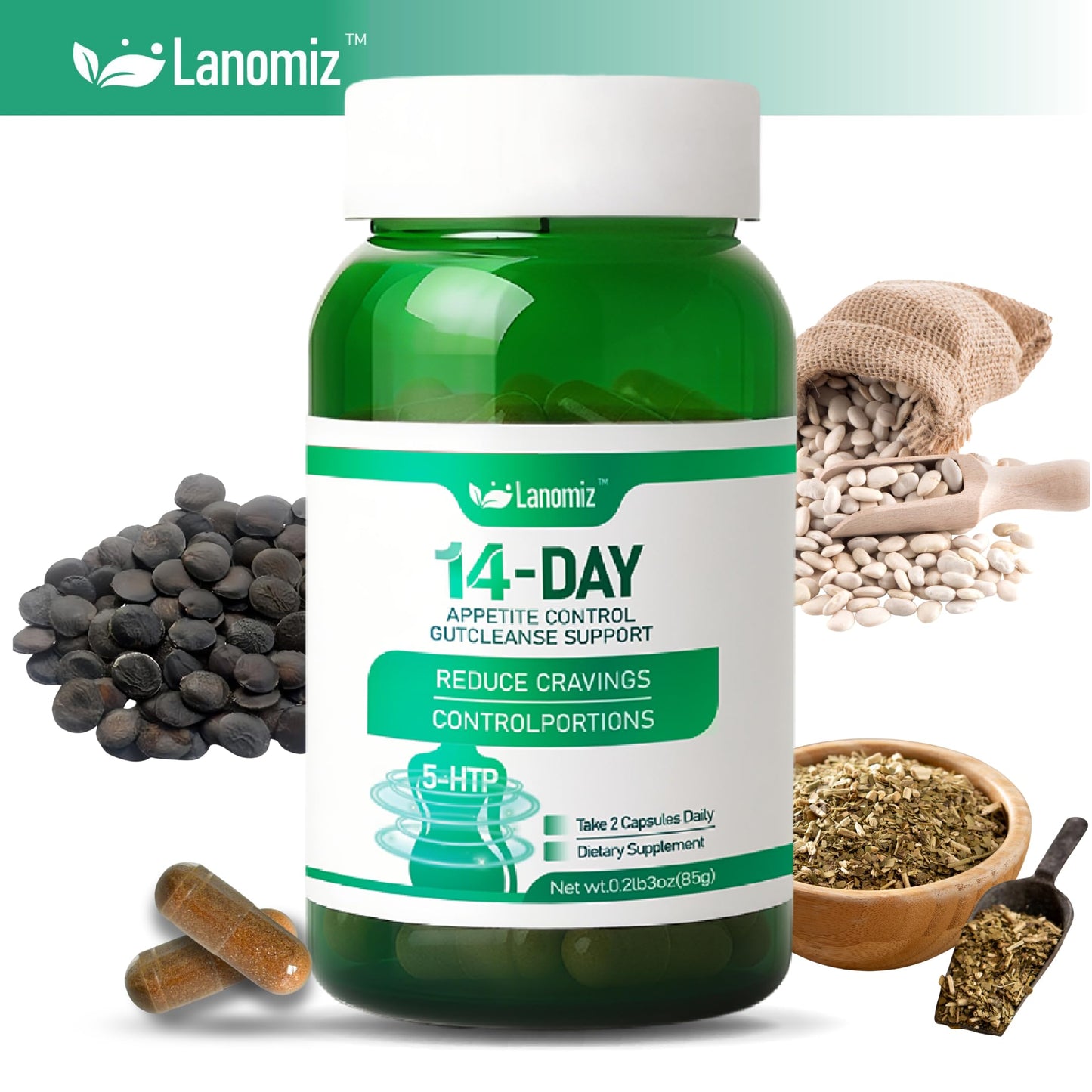 Lanomiz 14DAY Appetite & Craving Control Gut Health Complex Featuring Delayed-Release Probiotics & White Kidney Bean Extract 5-HTP(5-hydroxytryptophan) Capsules, 60 Count